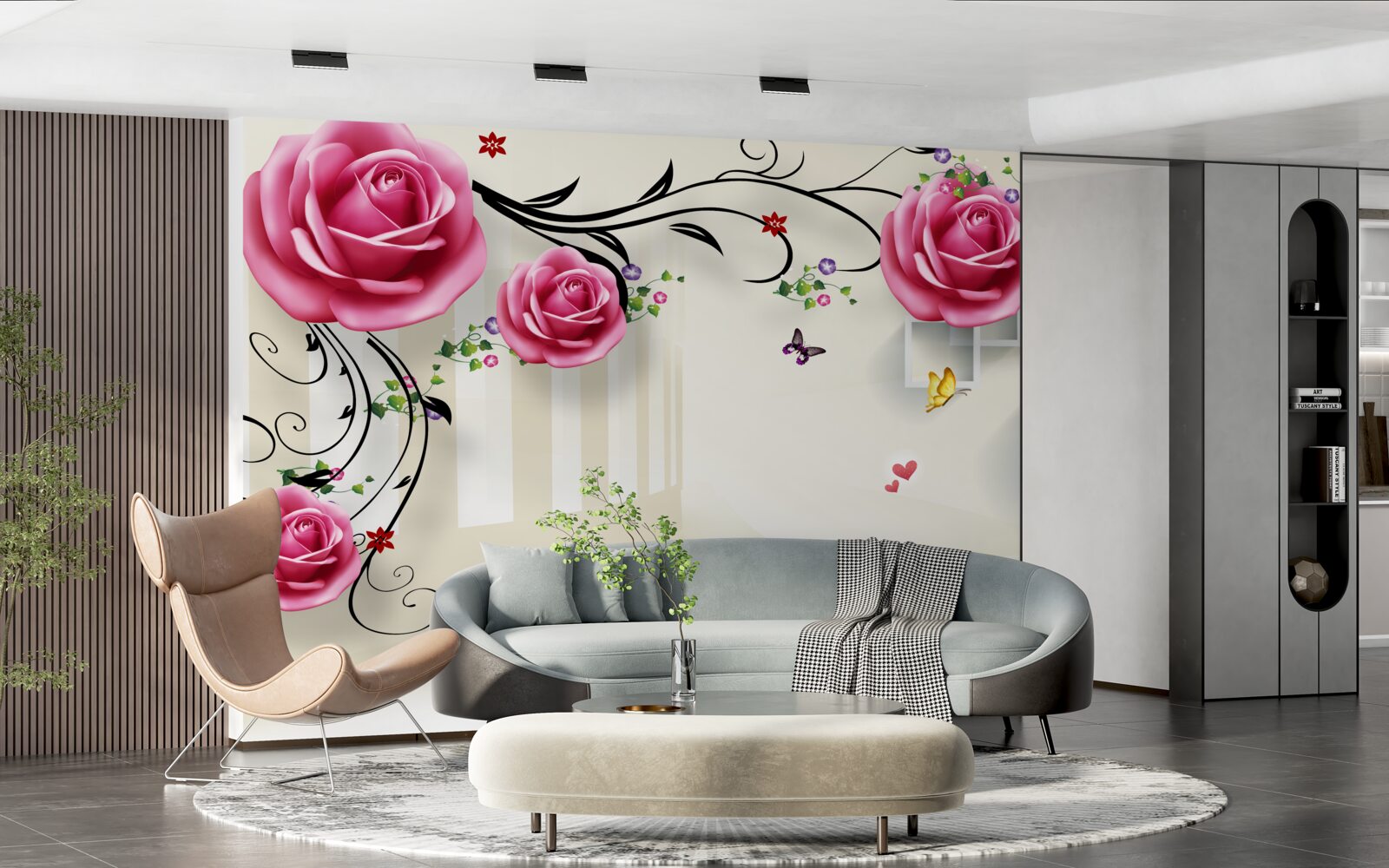 Fototapet ramuri argintii cu trandafiri roz