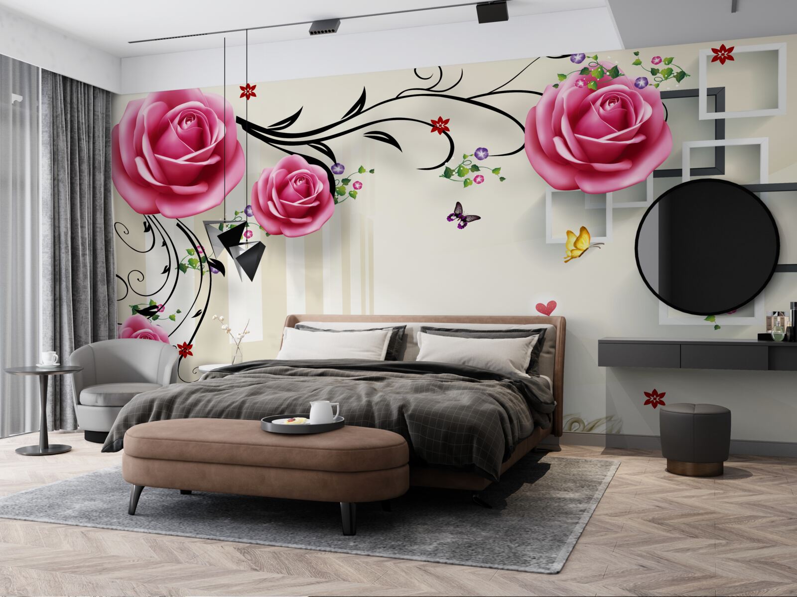 Fototapet ramuri argintii cu trandafiri roz