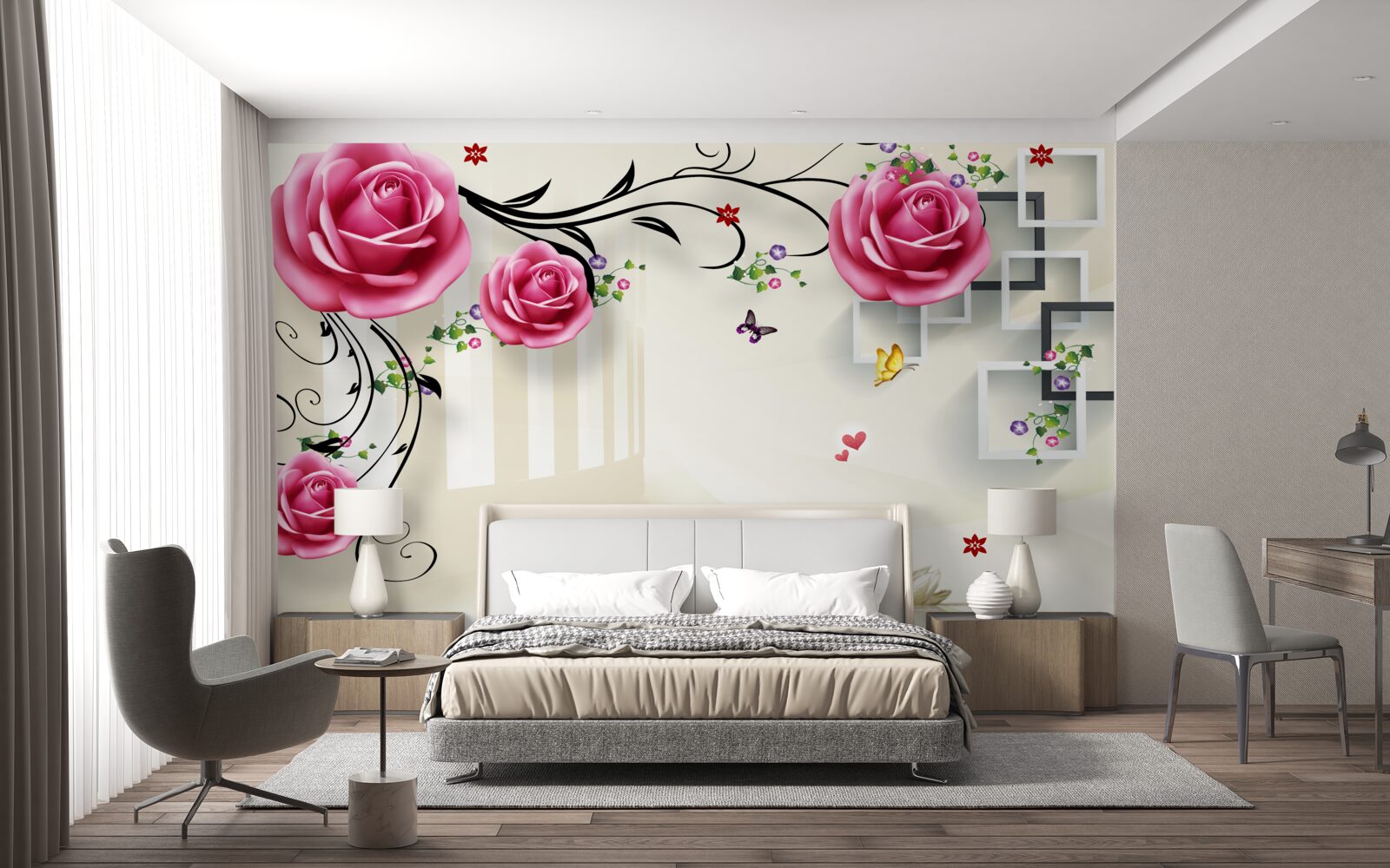 Fototapet ramuri argintii cu trandafiri roz