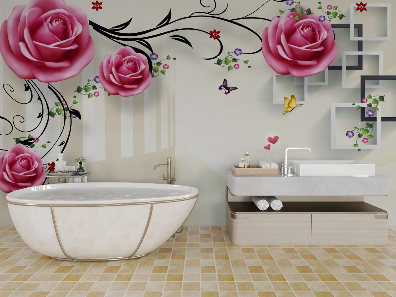 Fototapet ramuri argintii cu trandafiri roz