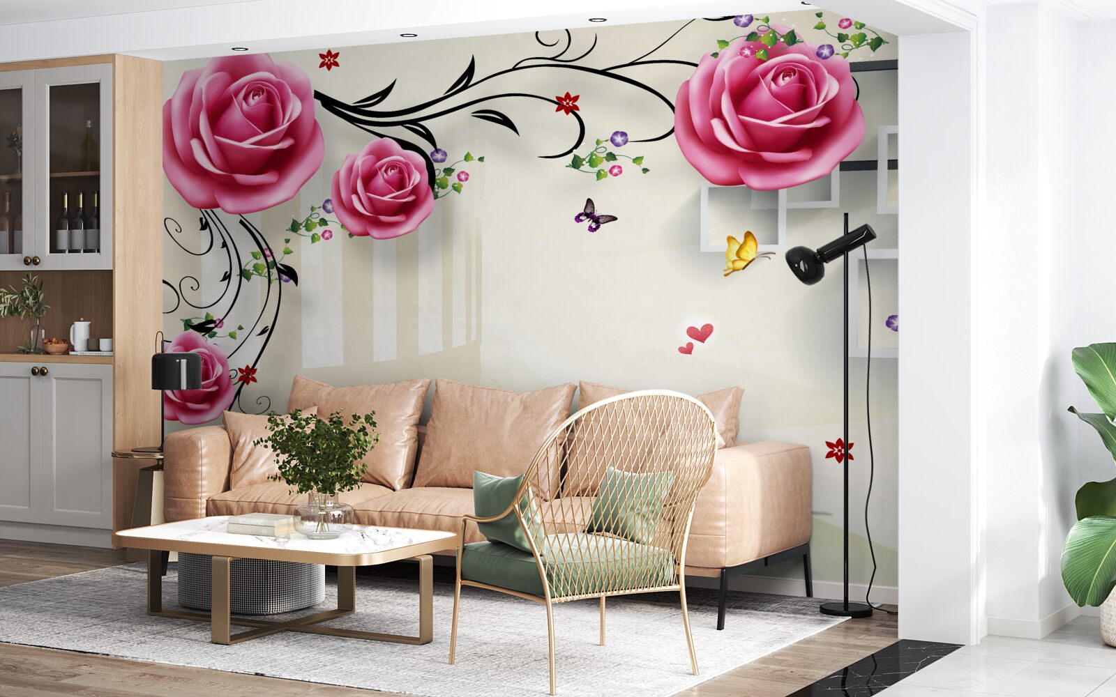 Fototapet ramuri argintii cu trandafiri roz