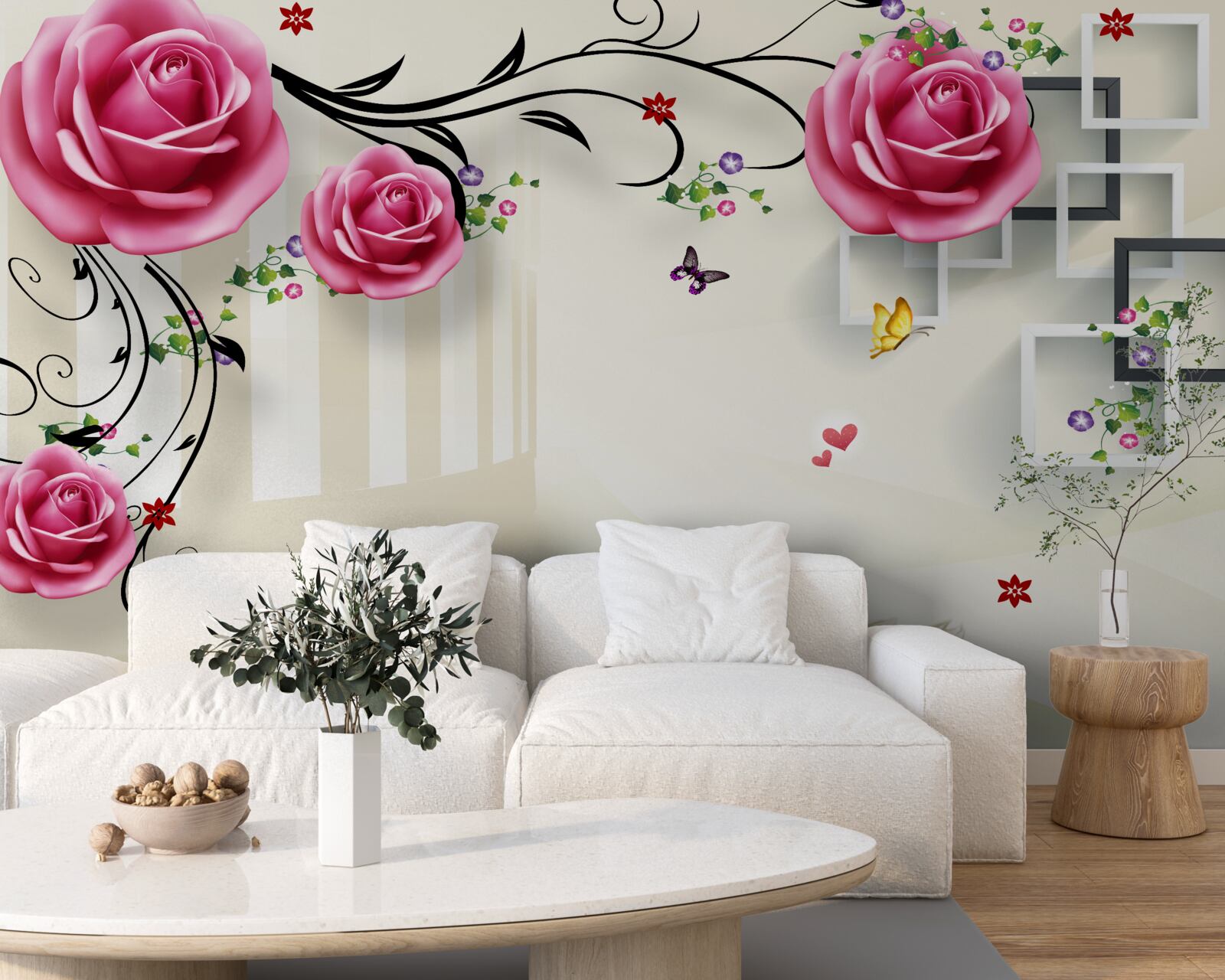 Fototapet ramuri argintii cu trandafiri roz