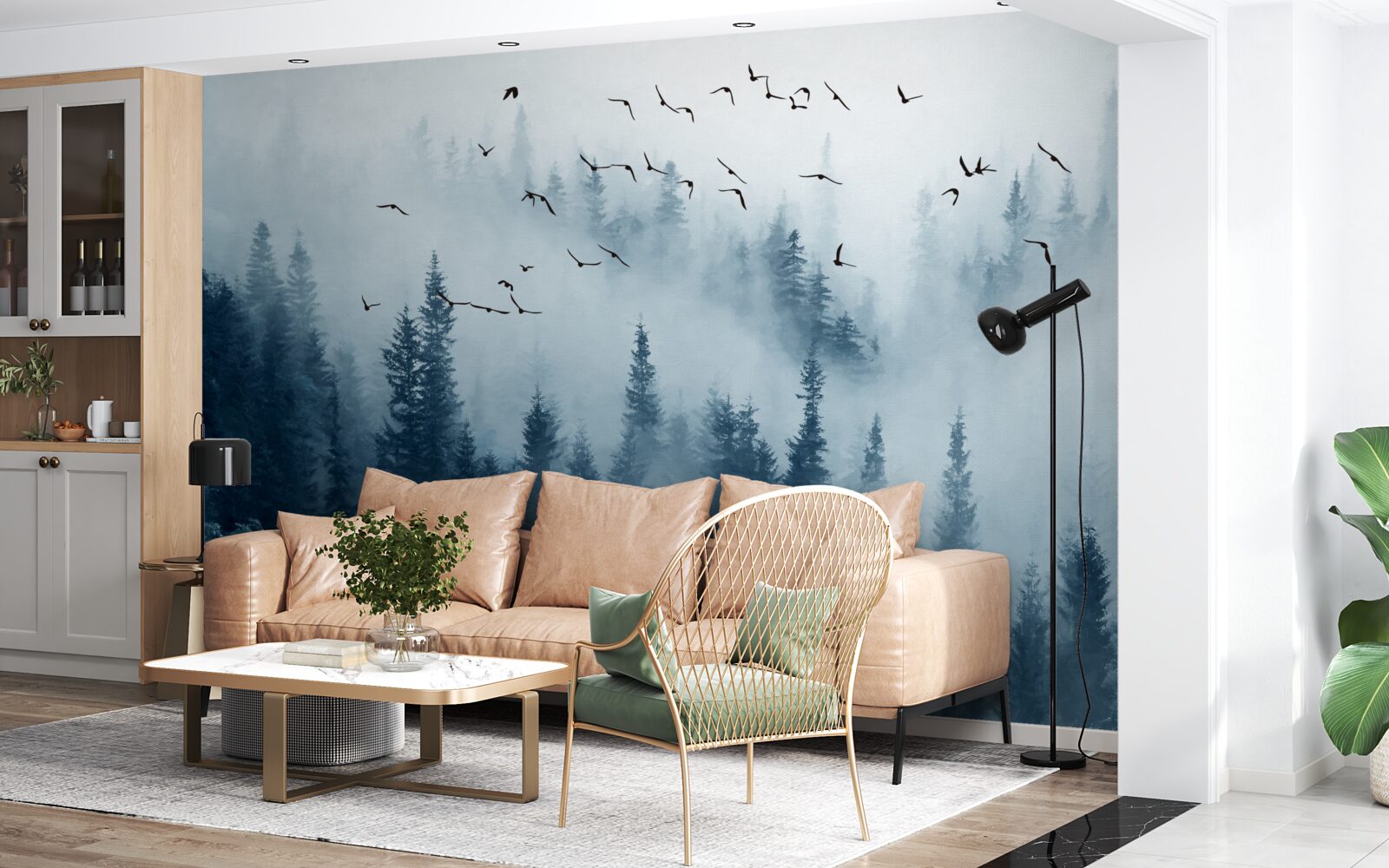 Fototapet un stol de păsări zboară peste o pădure învăluită în ceață