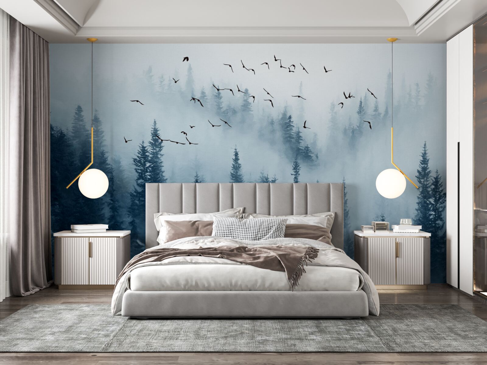 Fototapet un stol de păsări zboară peste o pădure învăluită în ceață