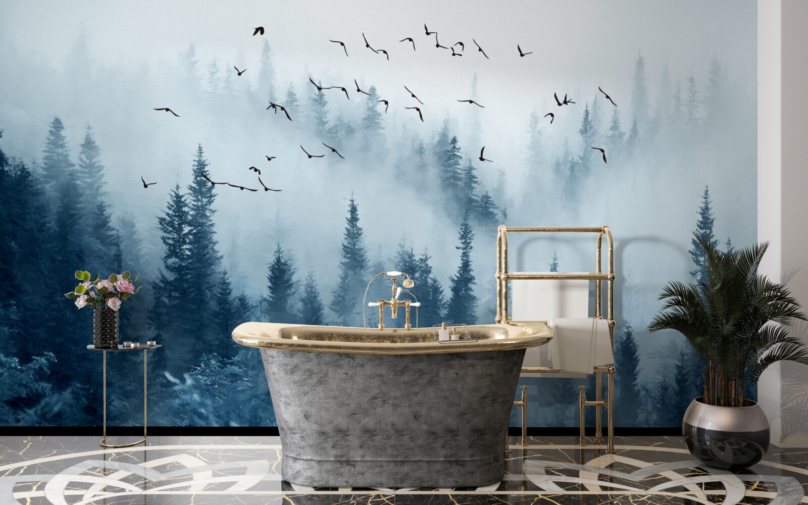 Fototapet un stol de păsări zboară peste o pădure învăluită în ceață