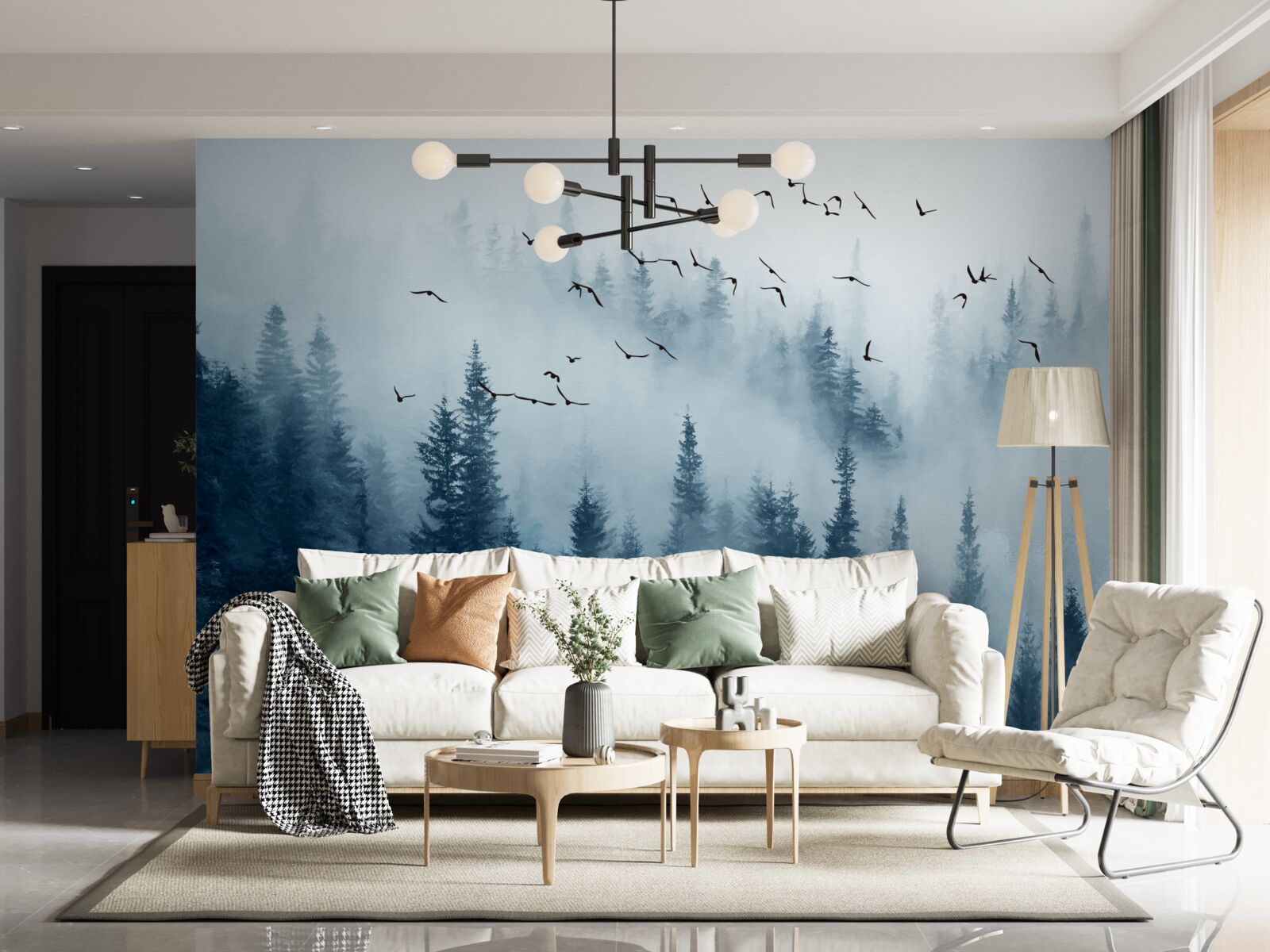 Fototapet un stol de păsări zboară peste o pădure învăluită în ceață
