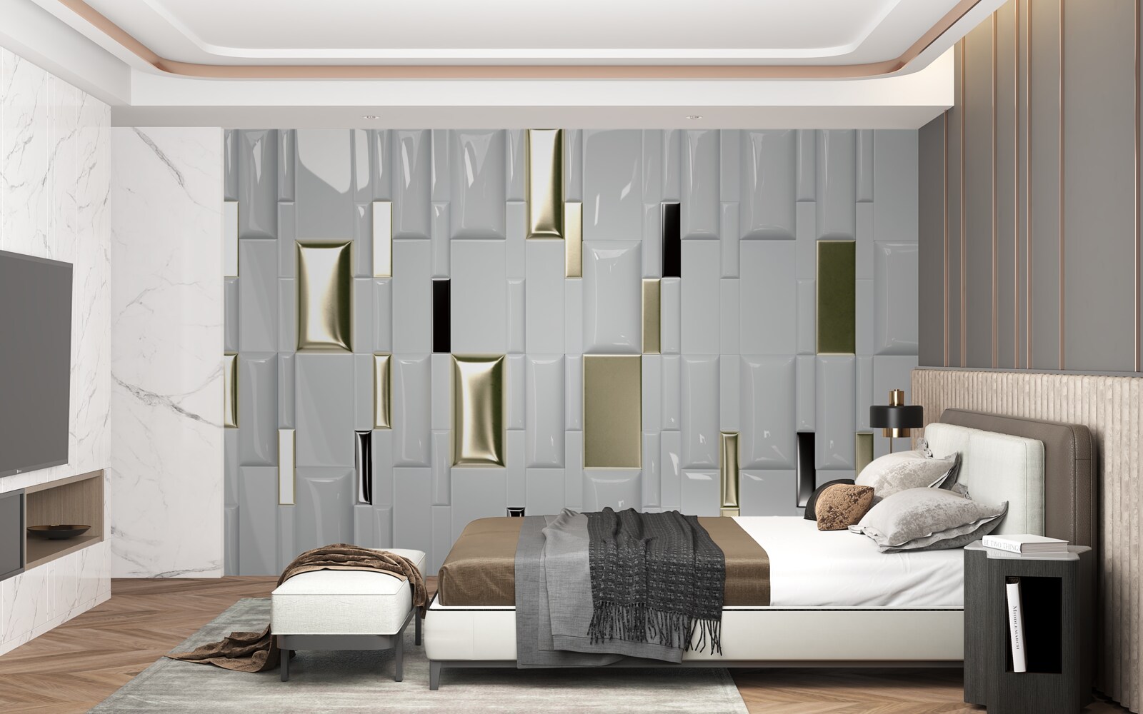 Fototapet gresie cu suprafață lucioasă și elemente aurii