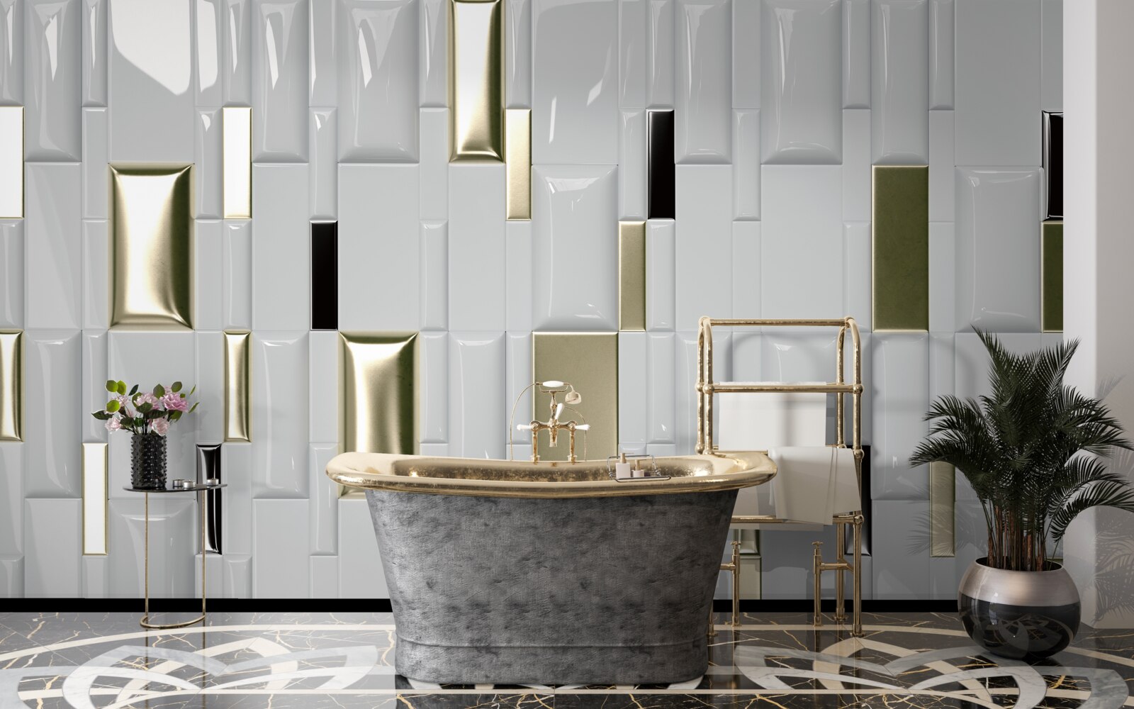 Fototapet gresie cu suprafață lucioasă și elemente aurii