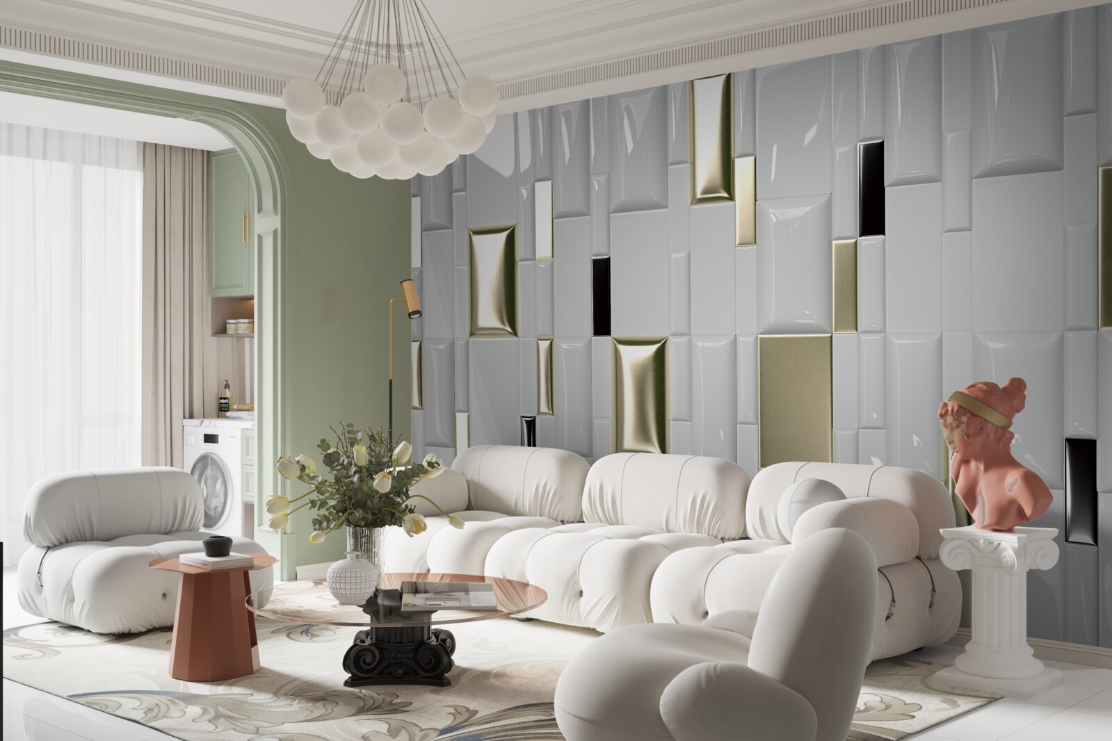 Fototapet gresie cu suprafață lucioasă și elemente aurii