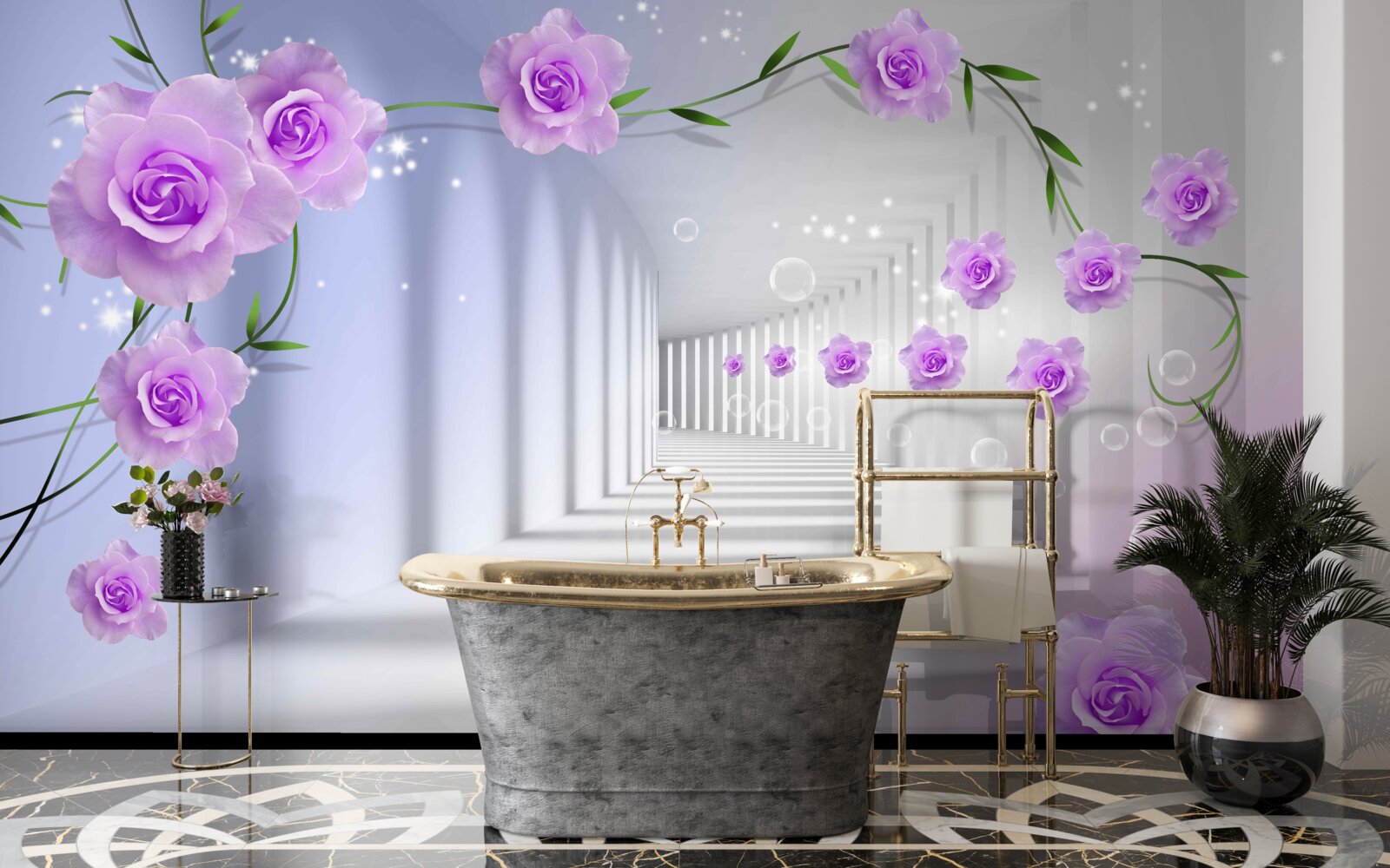 Fototapet coridorul este lung și trandafirii sunt lila