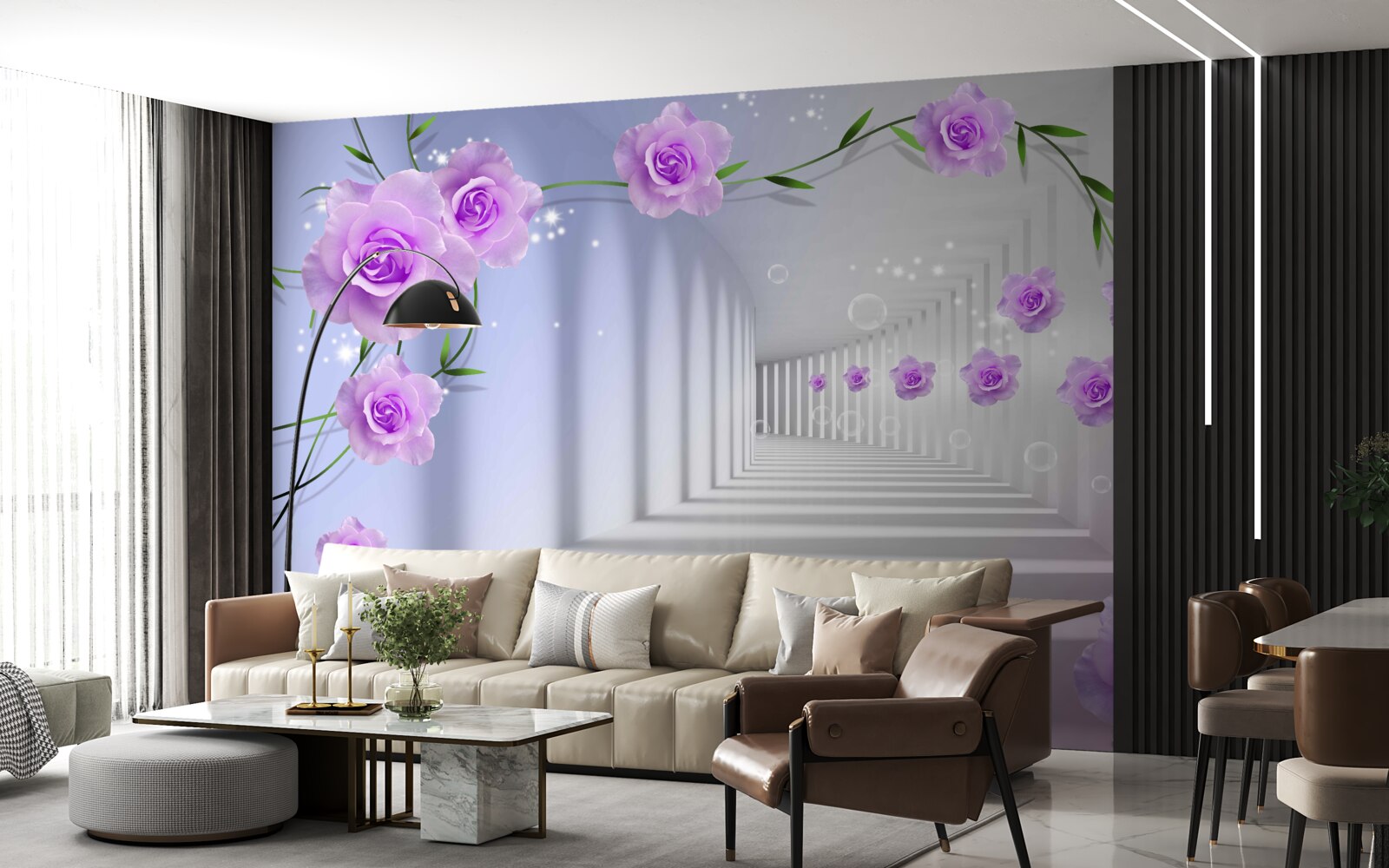 Fototapet coridorul este lung și trandafirii sunt lila