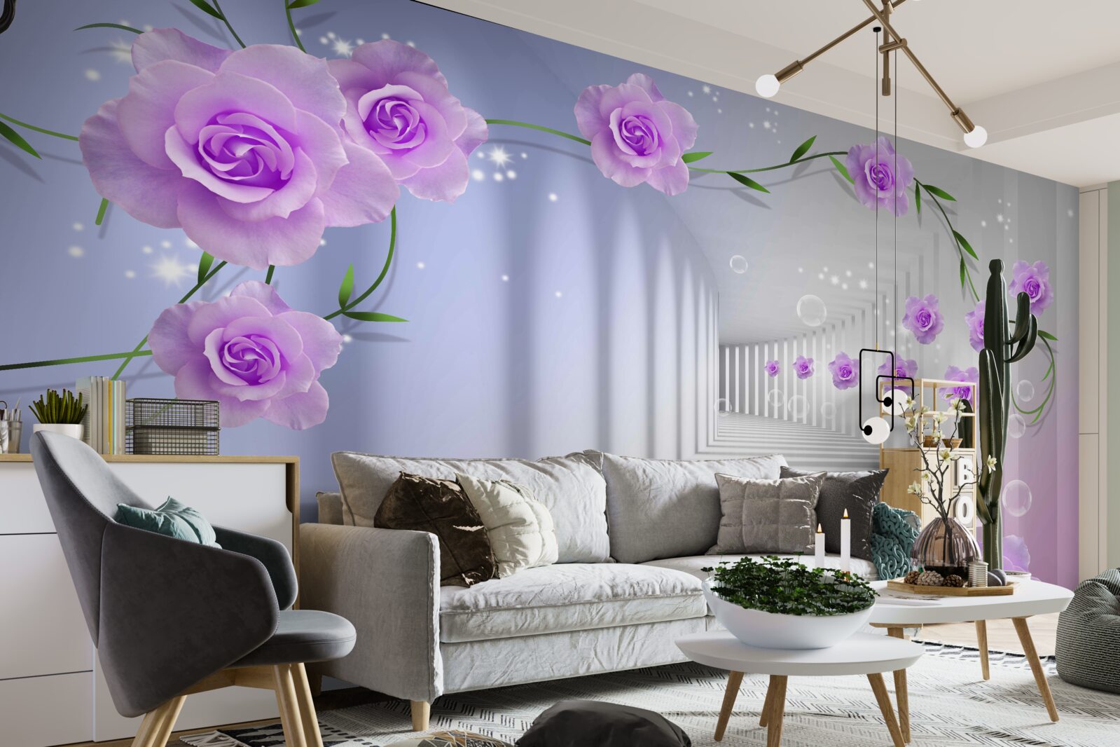 Fototapet coridorul este lung și trandafirii sunt lila