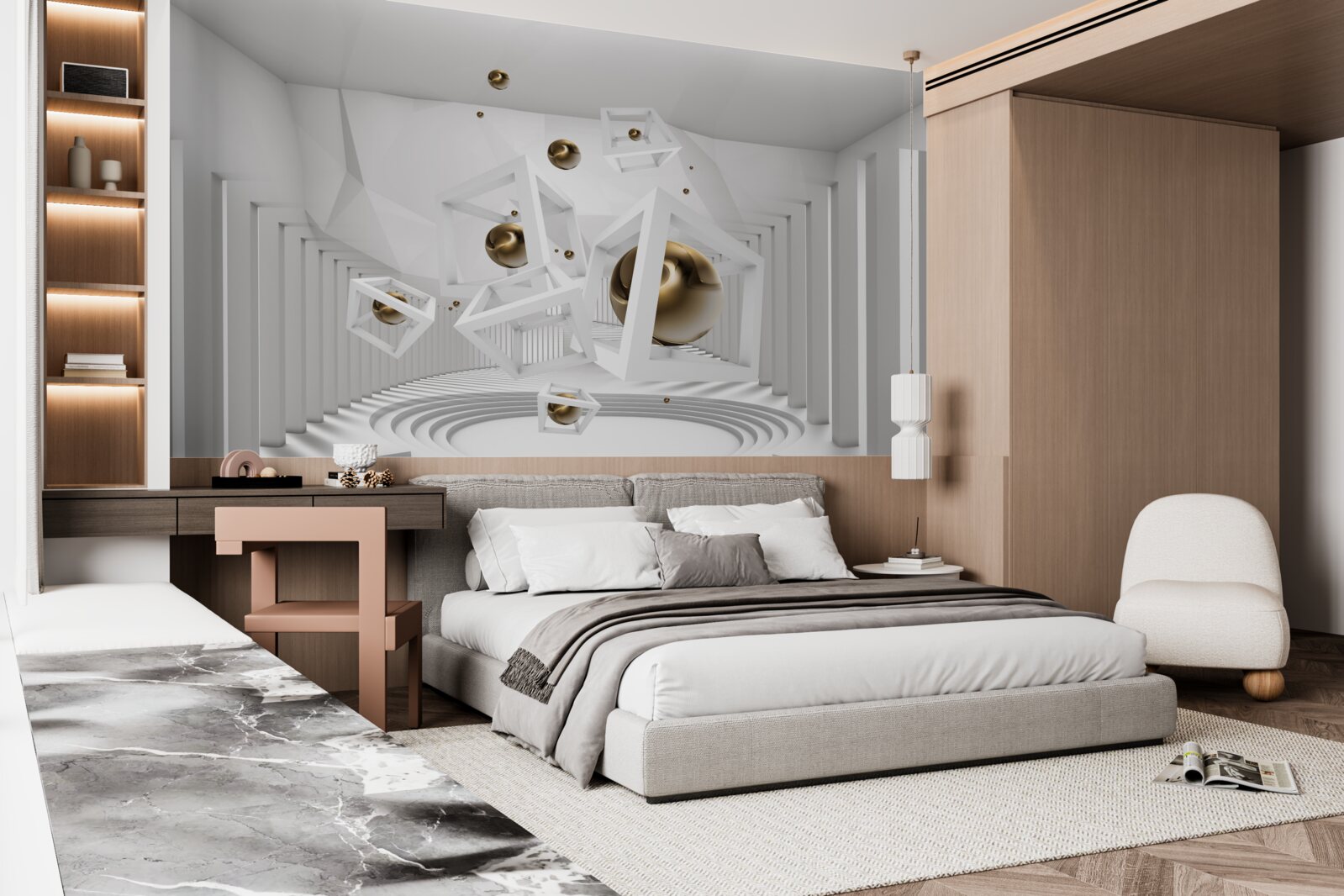 Fototapet bile aurii și cuburi albe