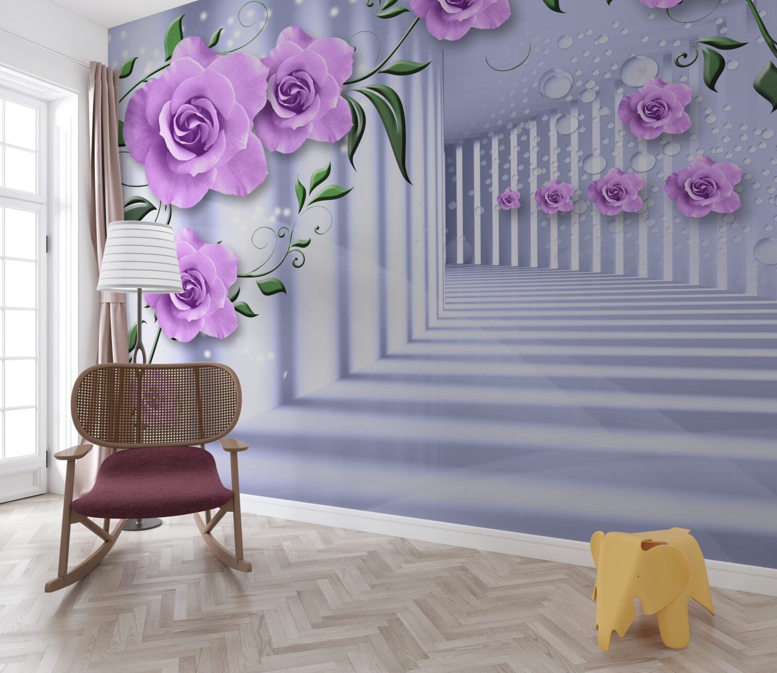 Fototapet ramuri de liliac roz și un coridor alb ca zăpada