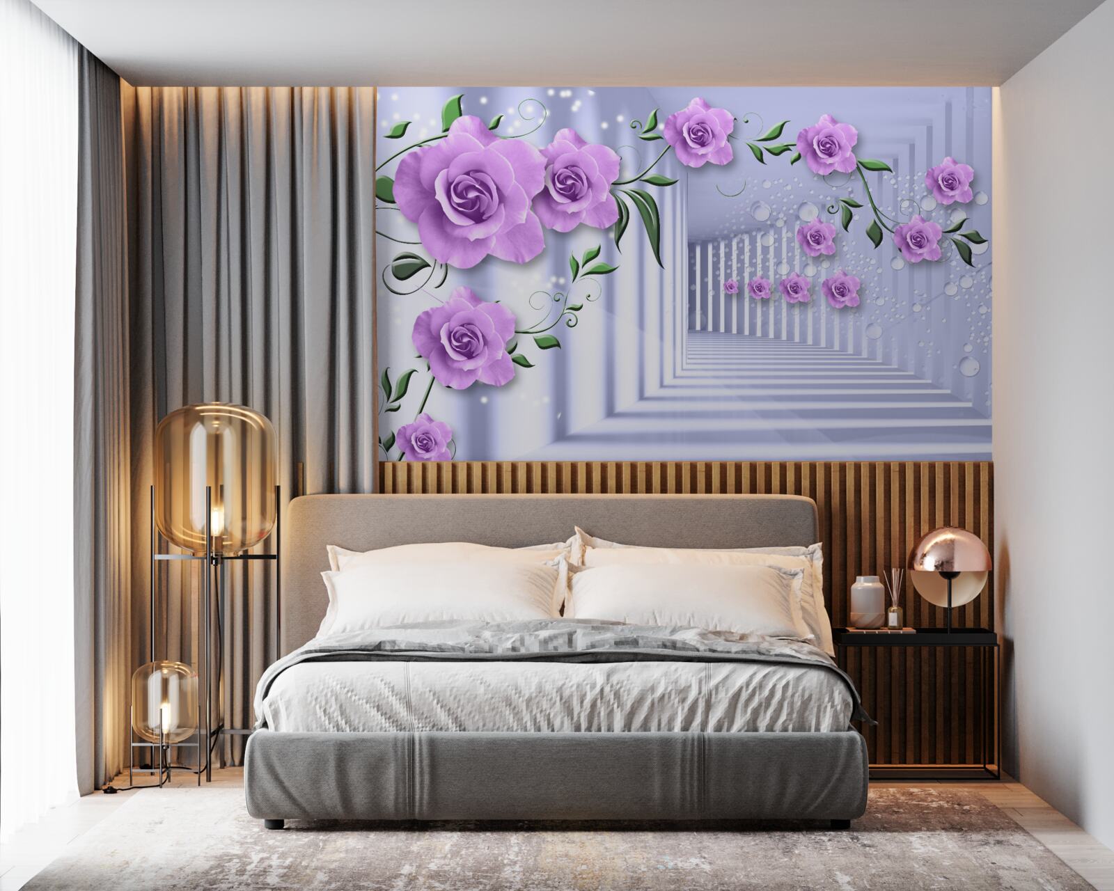 Fototapet ramuri de liliac roz și un coridor alb ca zăpada