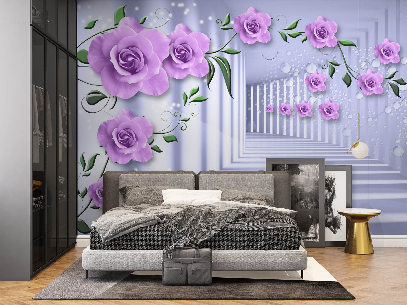 Fototapet ramuri de liliac roz și un coridor alb ca zăpada