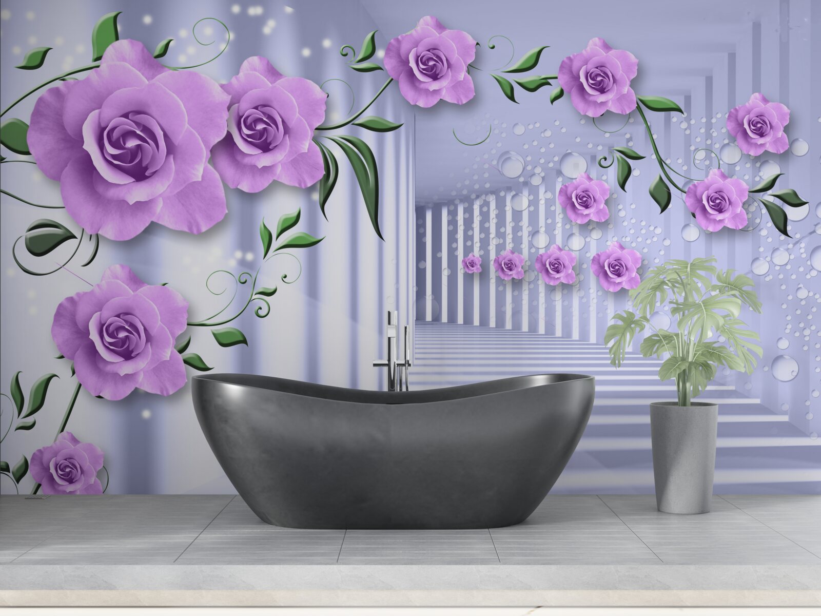 Fototapet ramuri de liliac roz și un coridor alb ca zăpada