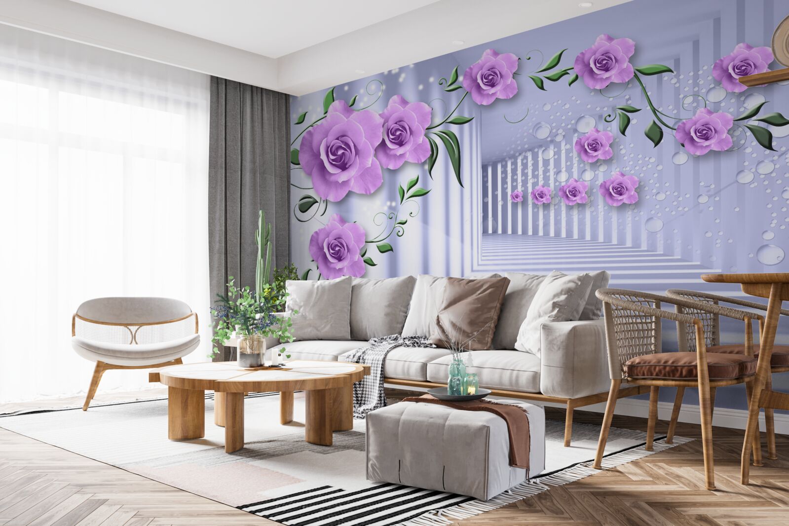 Fototapet ramuri de liliac roz și un coridor alb ca zăpada