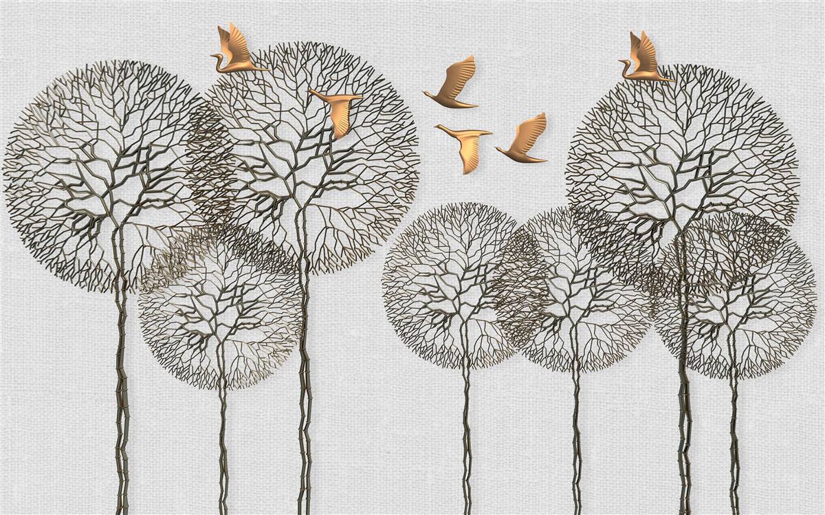 Fototapet formațiuni neobișnuite de copaci sferici și păsări aurite