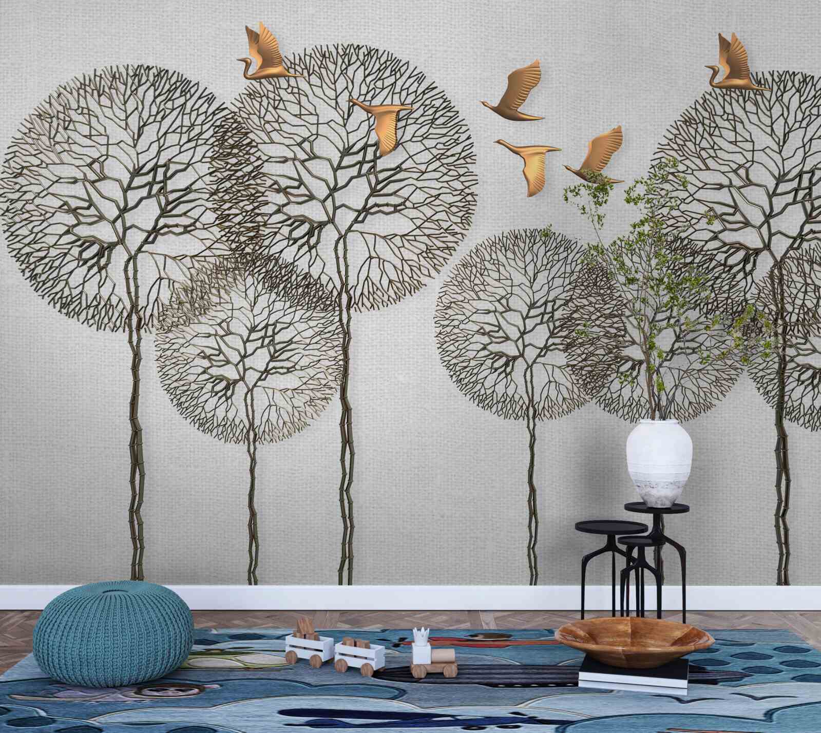 Fototapet formațiuni neobișnuite de copaci sferici și păsări aurite