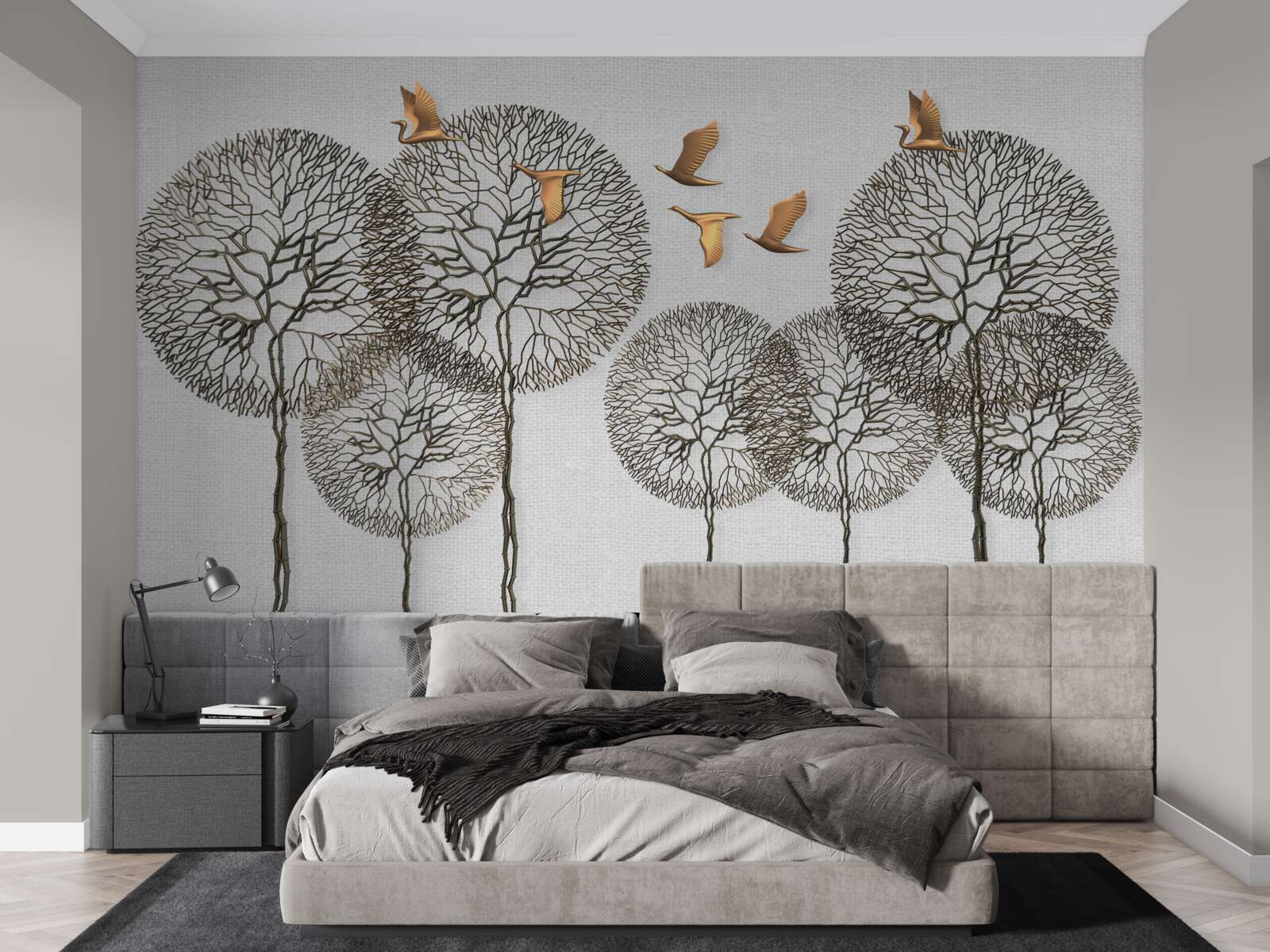 Fototapet formațiuni neobișnuite de copaci sferici și păsări aurite