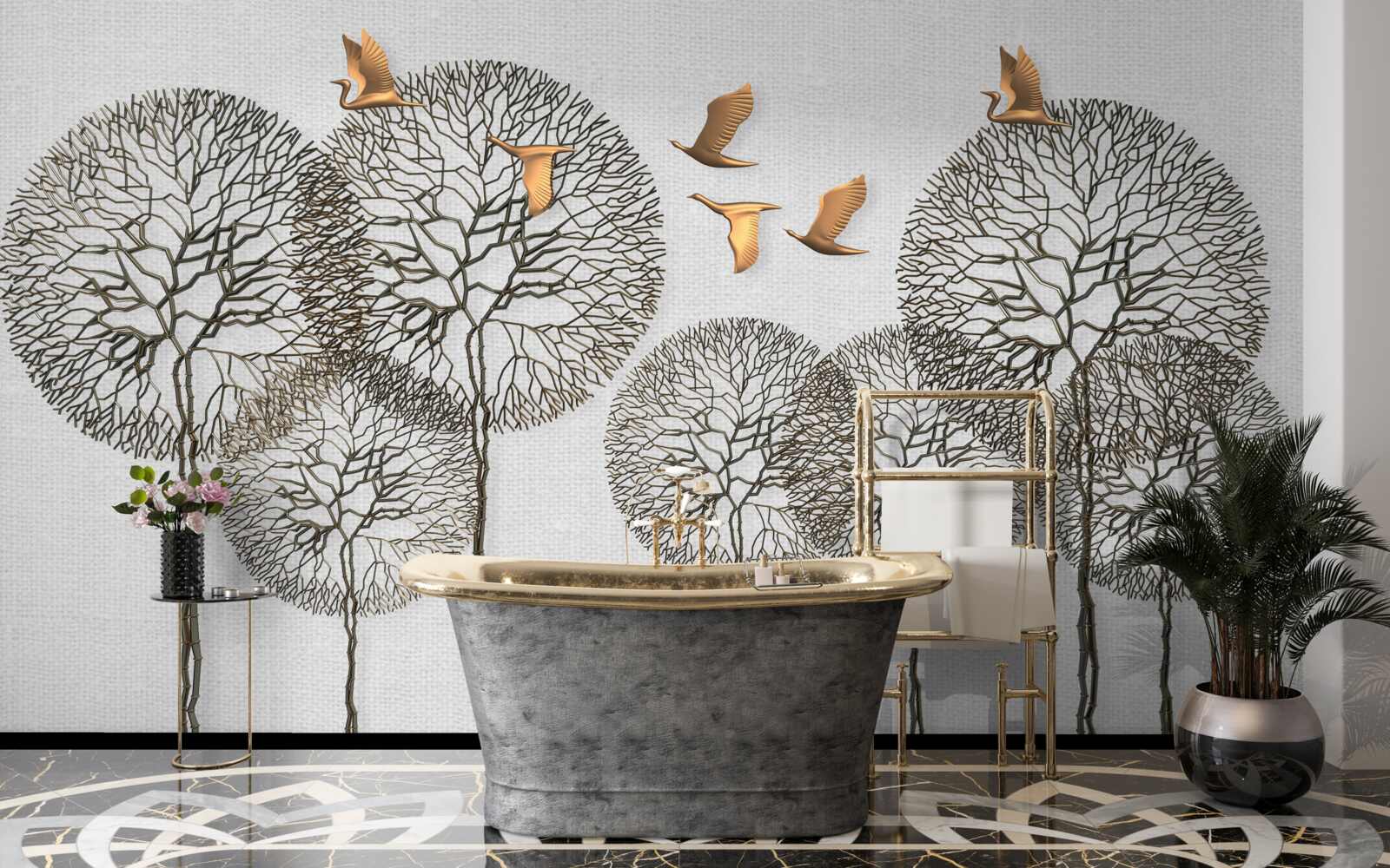 Fototapet formațiuni neobișnuite de copaci sferici și păsări aurite