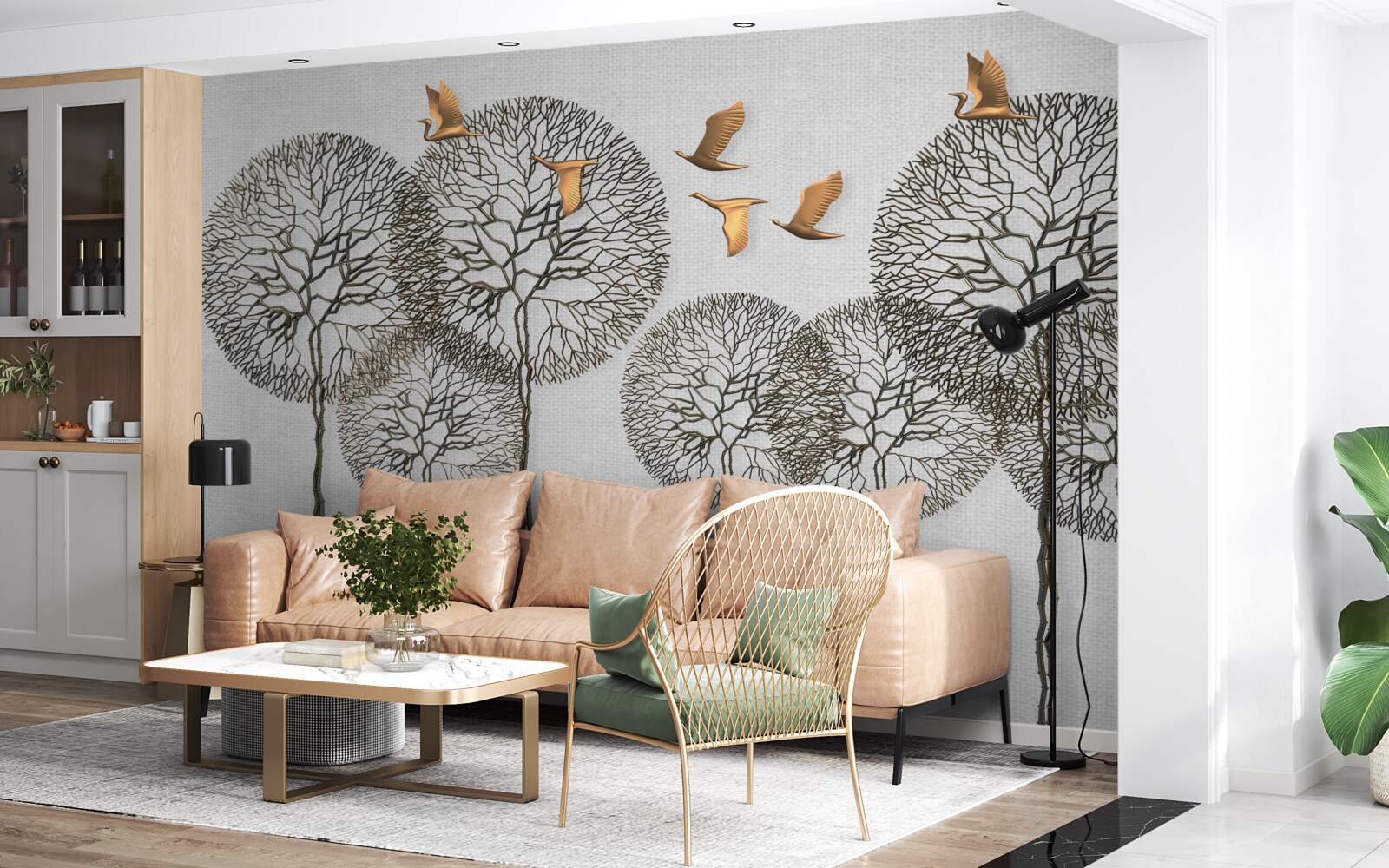 Fototapet formațiuni neobișnuite de copaci sferici și păsări aurite