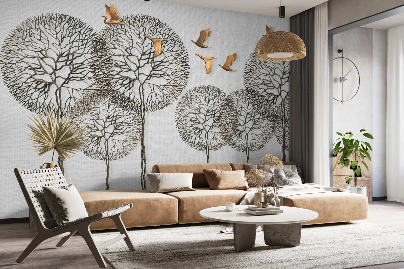 Fototapet formațiuni neobișnuite de copaci sferici și păsări aurite