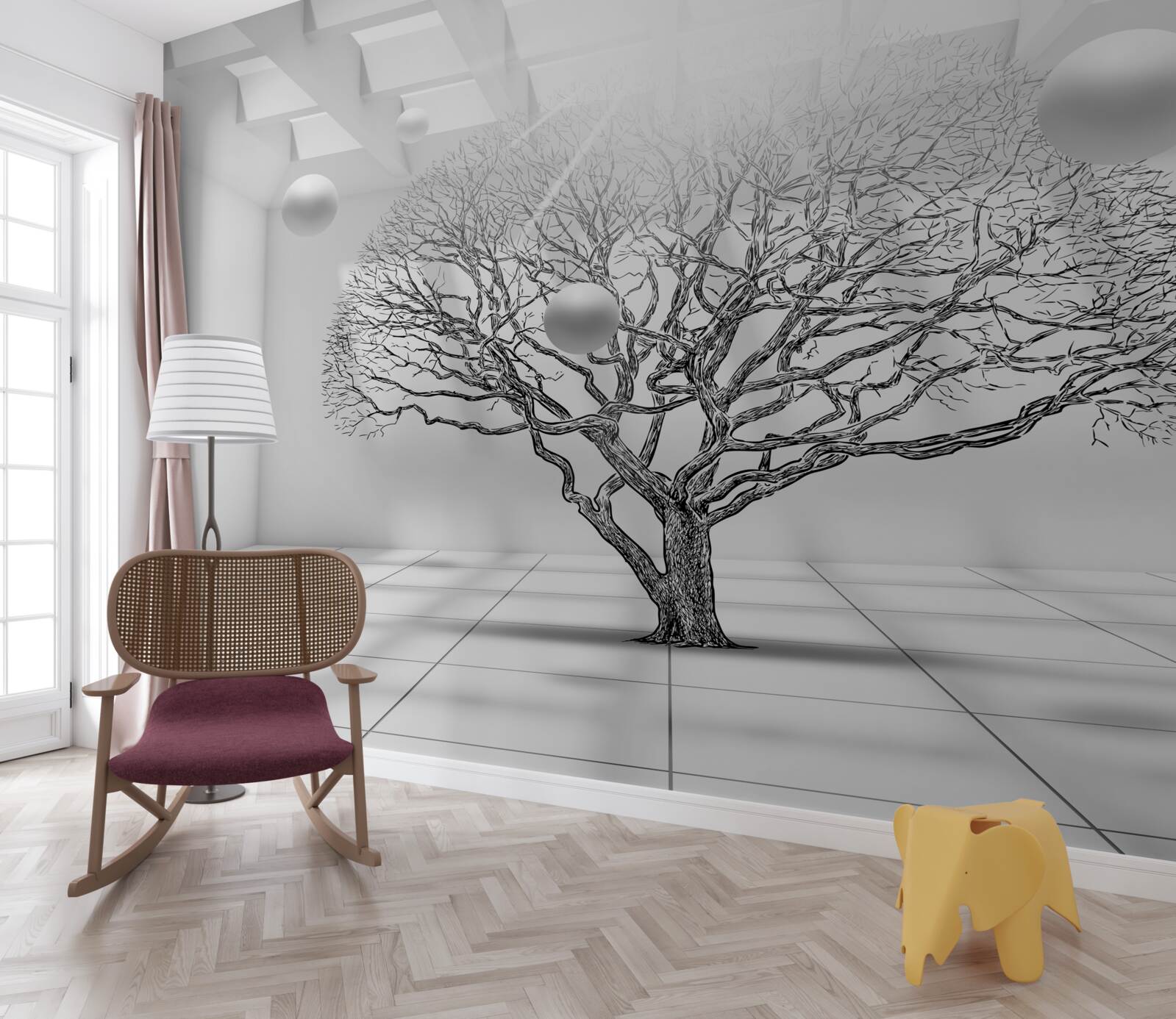 Fototapet copac fără frunze în centrul unui spațiu luminos