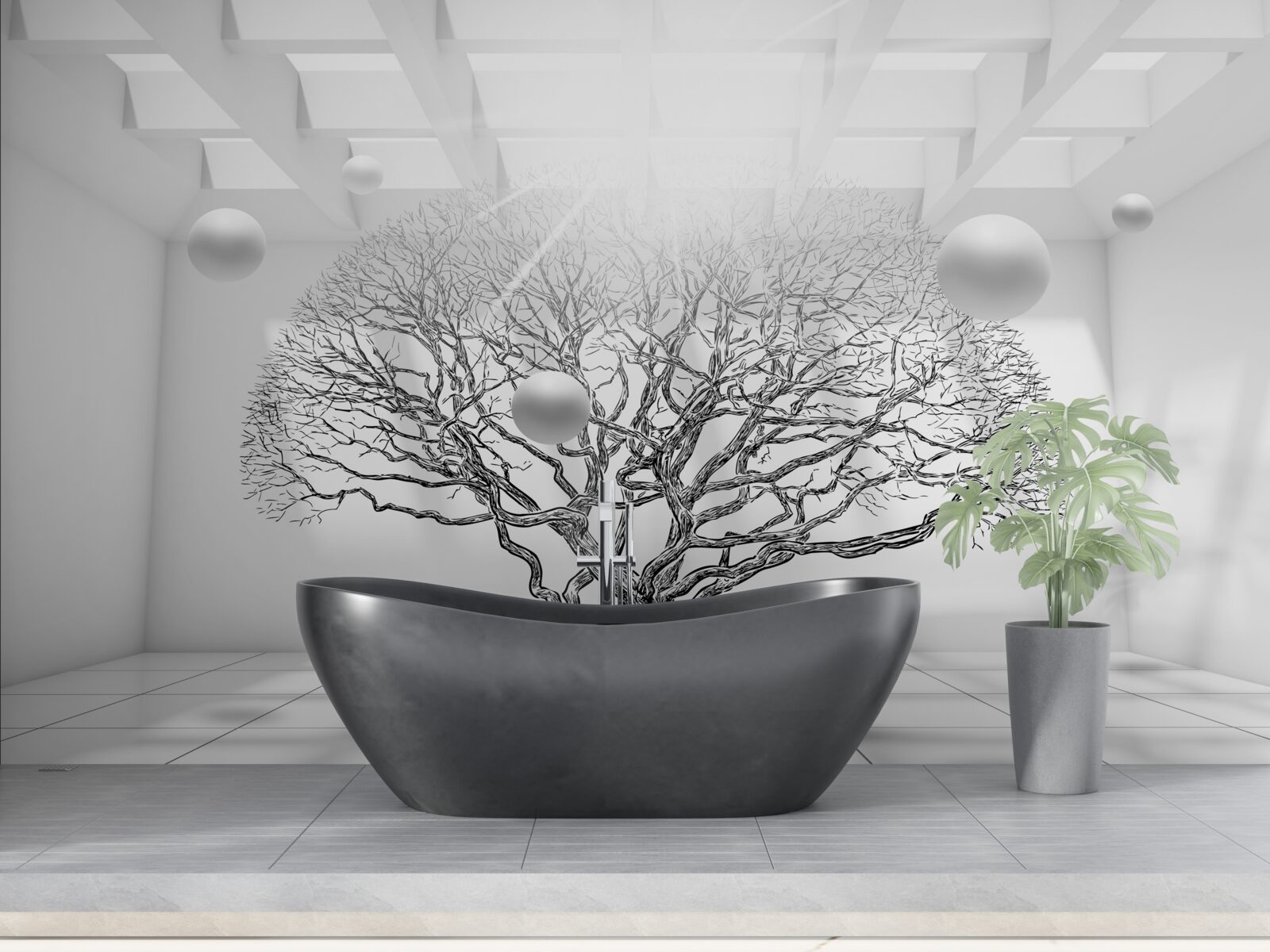 Fototapet copac fără frunze în centrul unui spațiu luminos