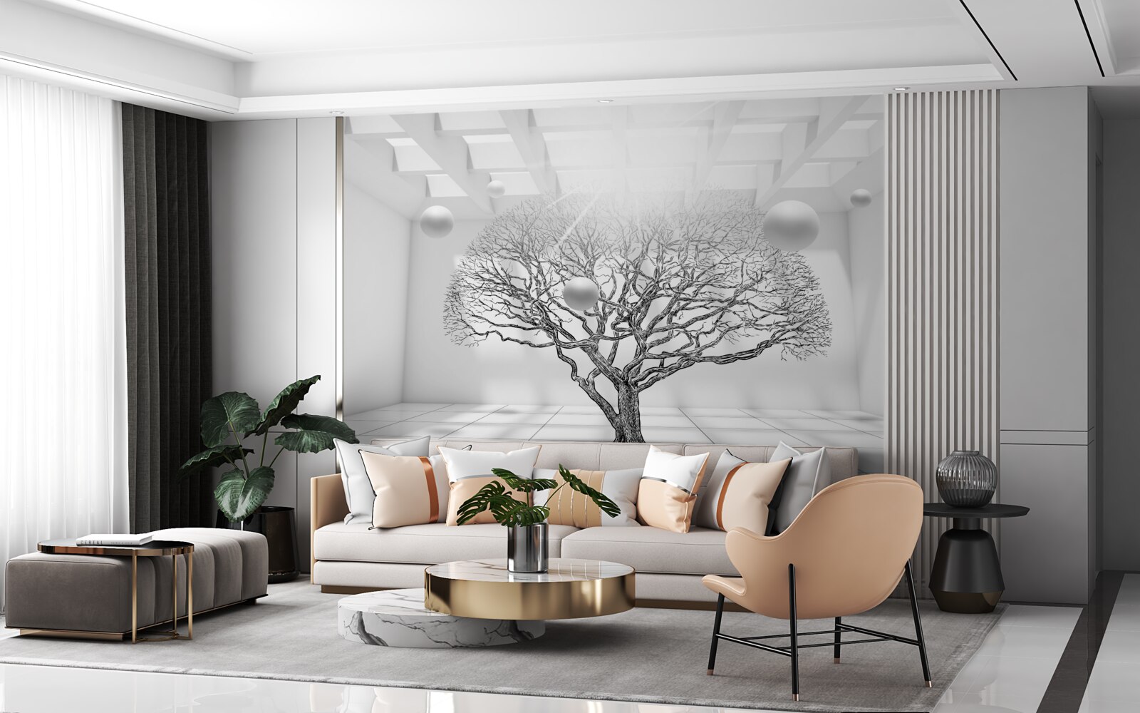 Fototapet copac fără frunze în centrul unui spațiu luminos