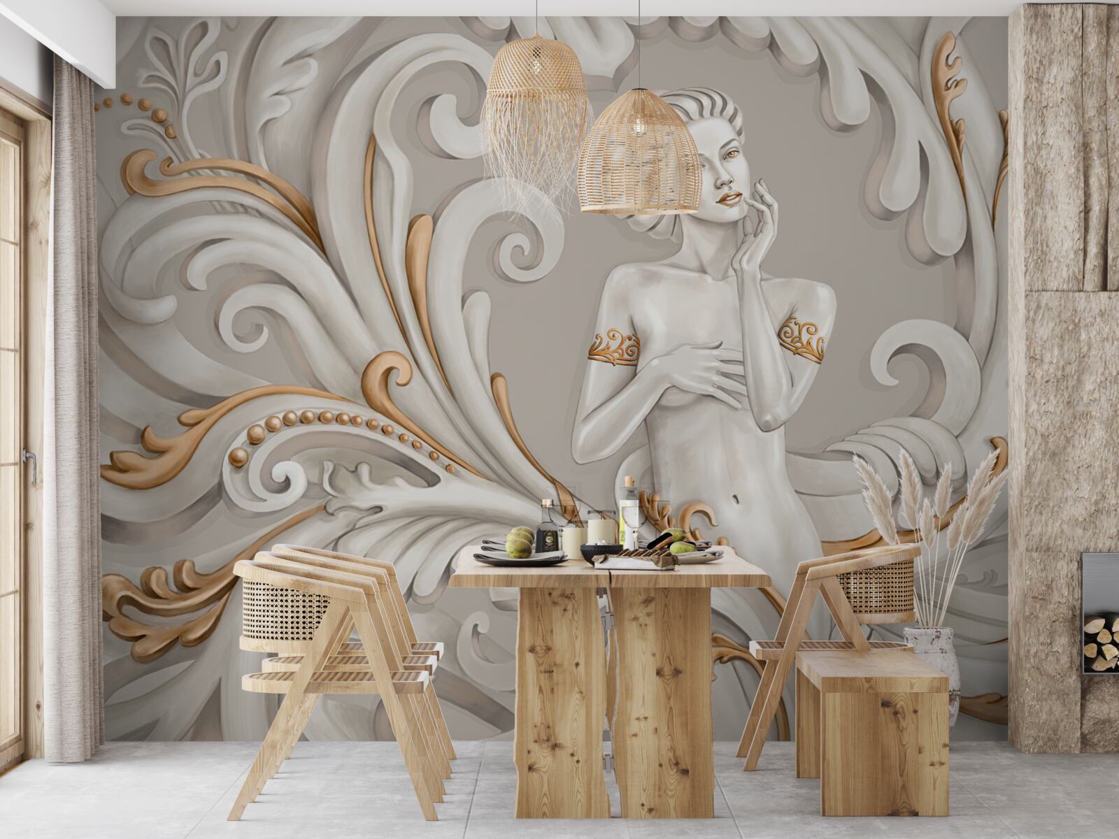 Fototapet femeie neîmbrăcată, cu pielea albă, cu bucle albe cu nuanță roz