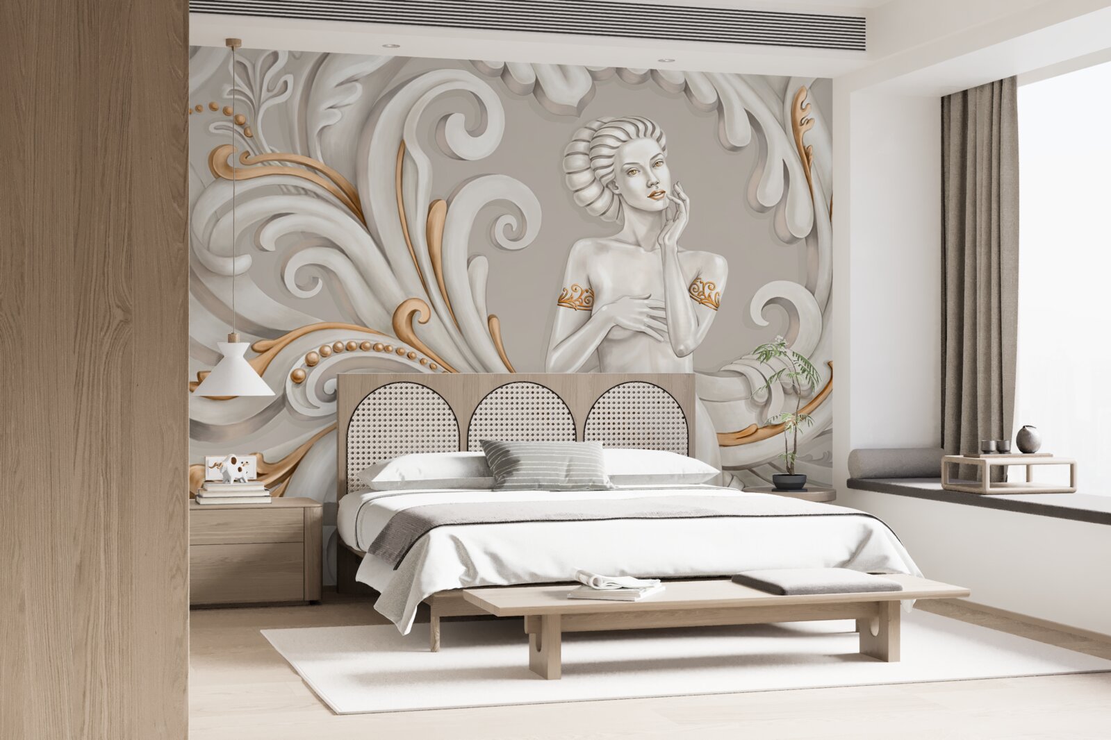 Fototapet femeie neîmbrăcată, cu pielea albă, cu bucle albe cu nuanță roz