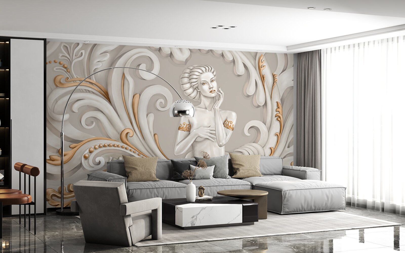 Fototapet femeie neîmbrăcată, cu pielea albă, cu bucle albe cu nuanță roz