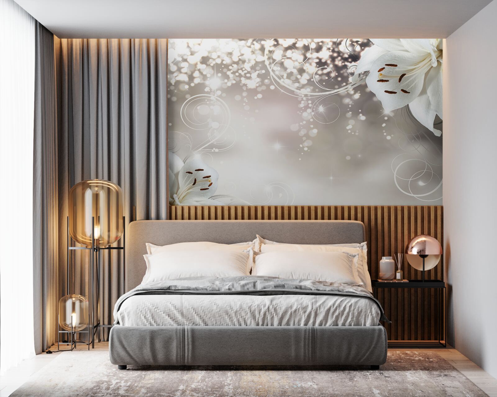 Fototapet Fundal strălucitor și crini cărămiziu