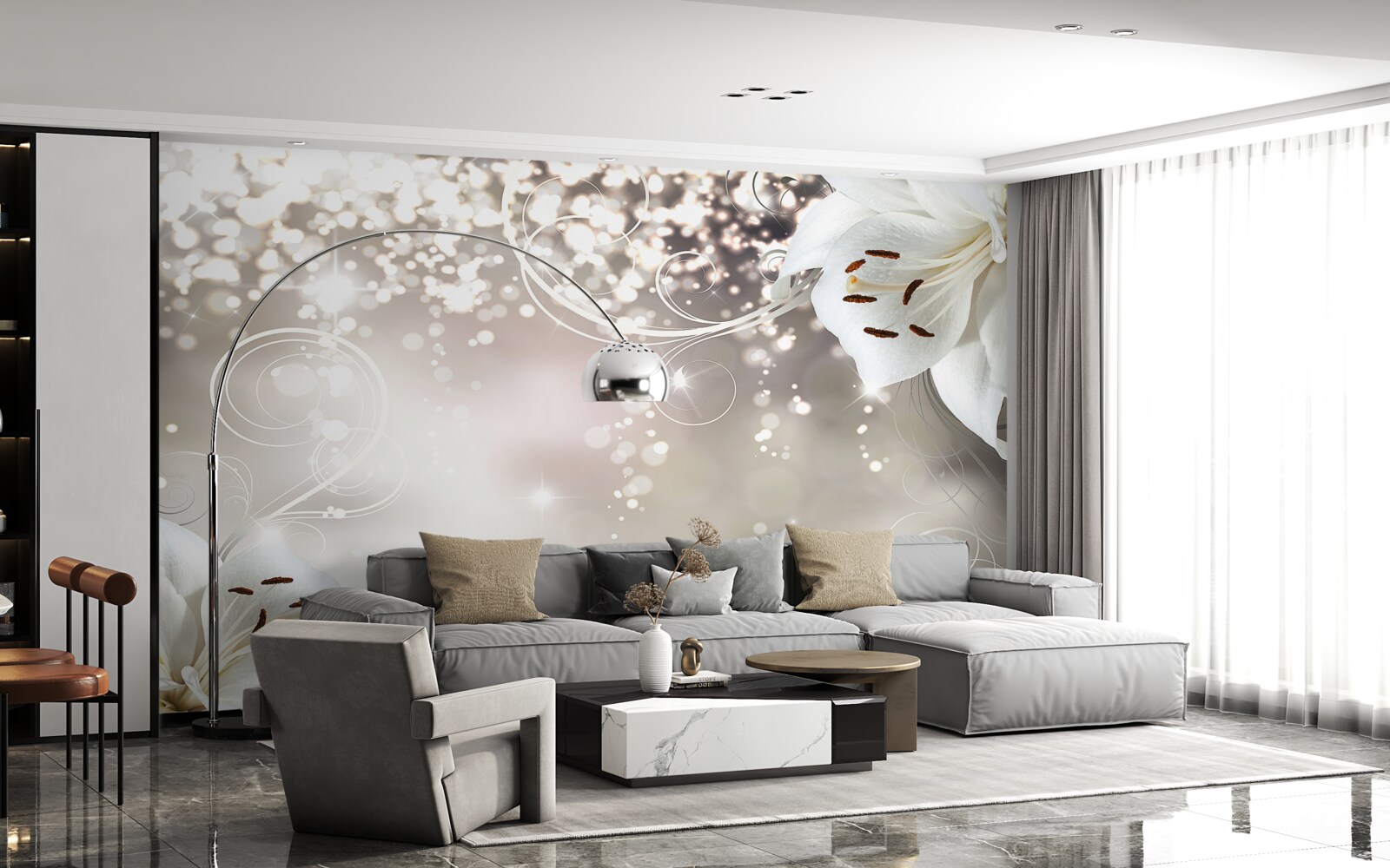 Fototapet Fundal strălucitor și crini cărămiziu