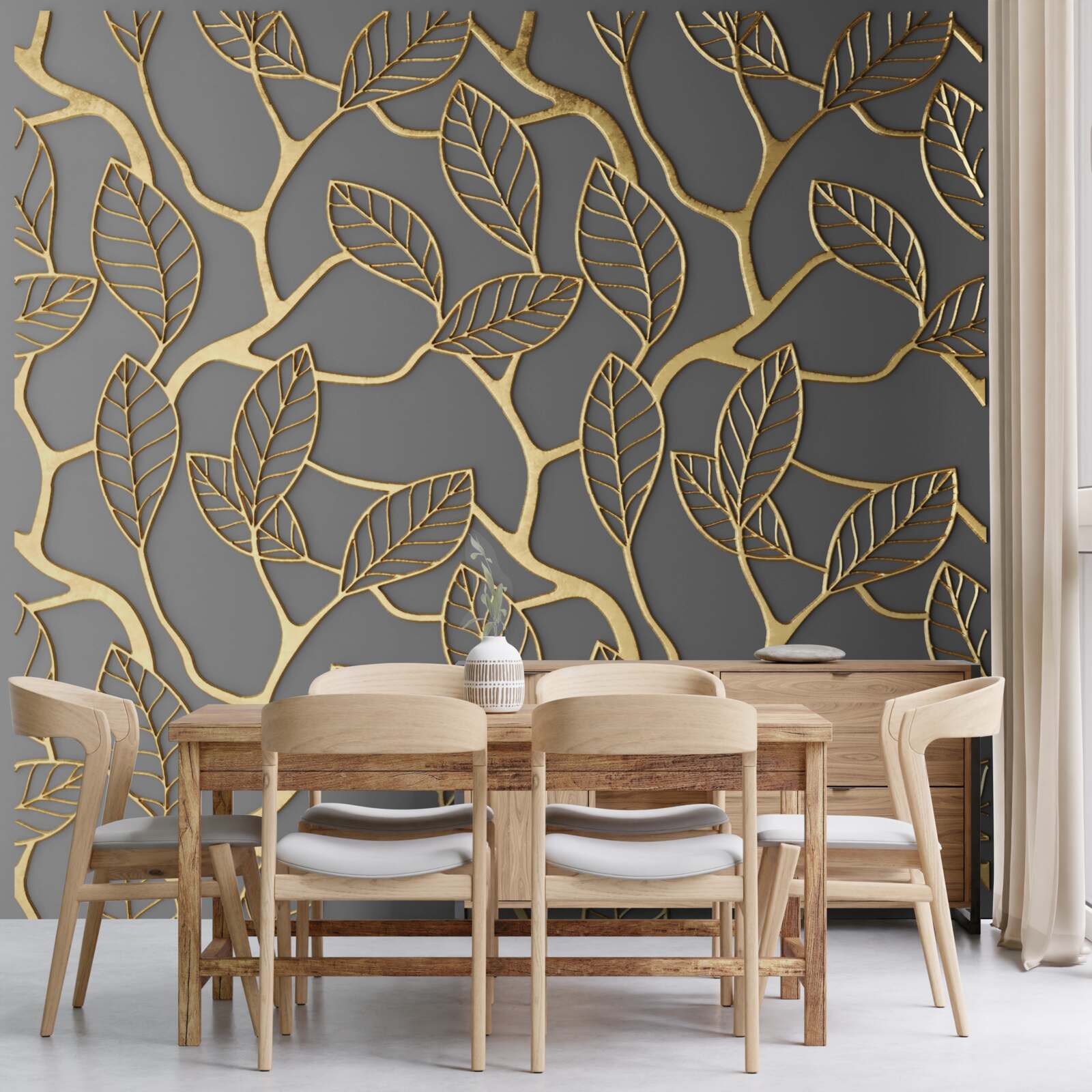 Fototapet ramuri și frunze cu o nuanță aurie