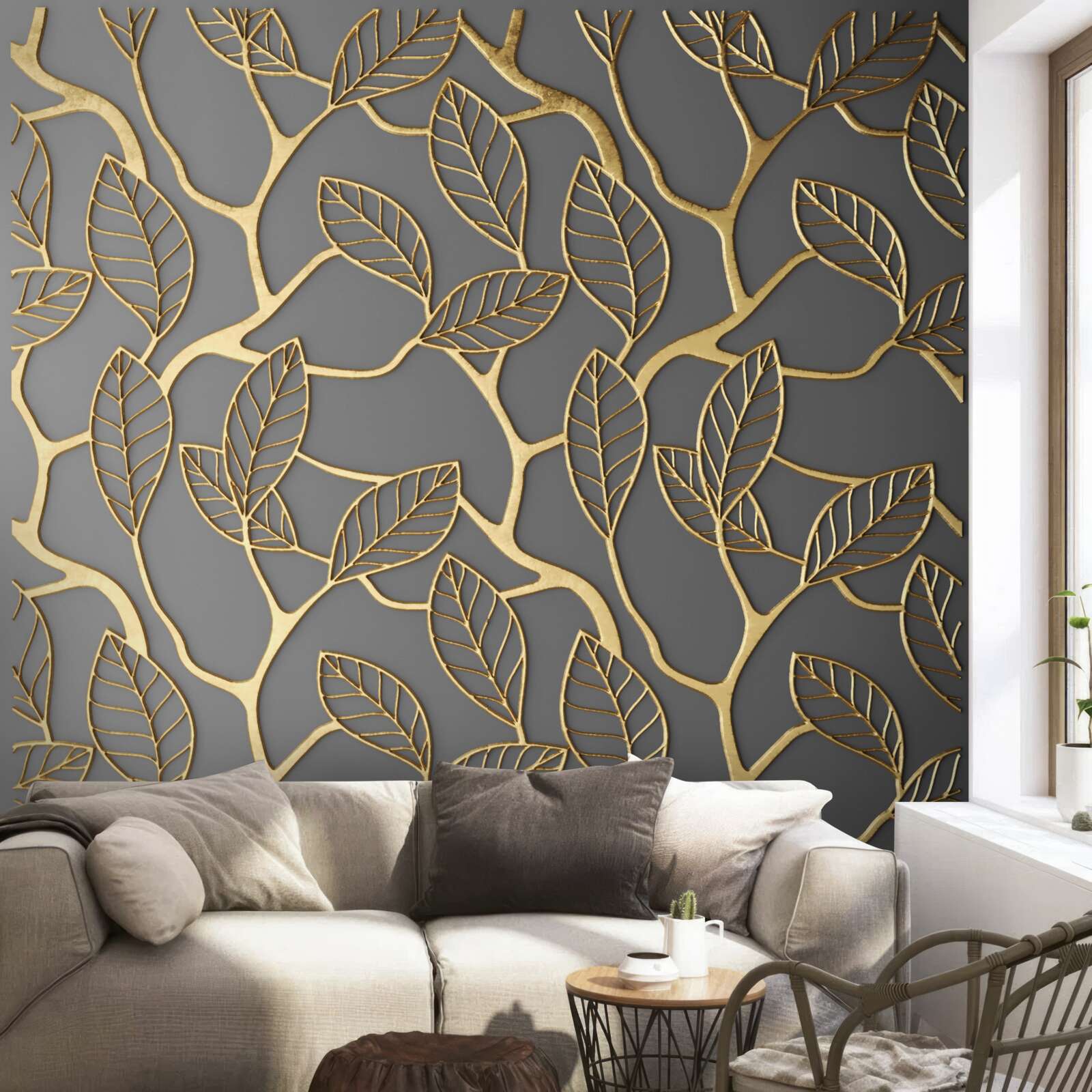 Fototapet ramuri și frunze cu o nuanță aurie