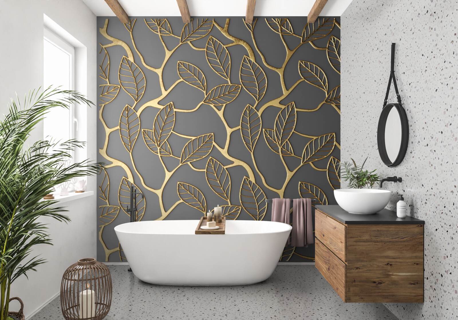 Fototapet ramuri și frunze cu o nuanță aurie