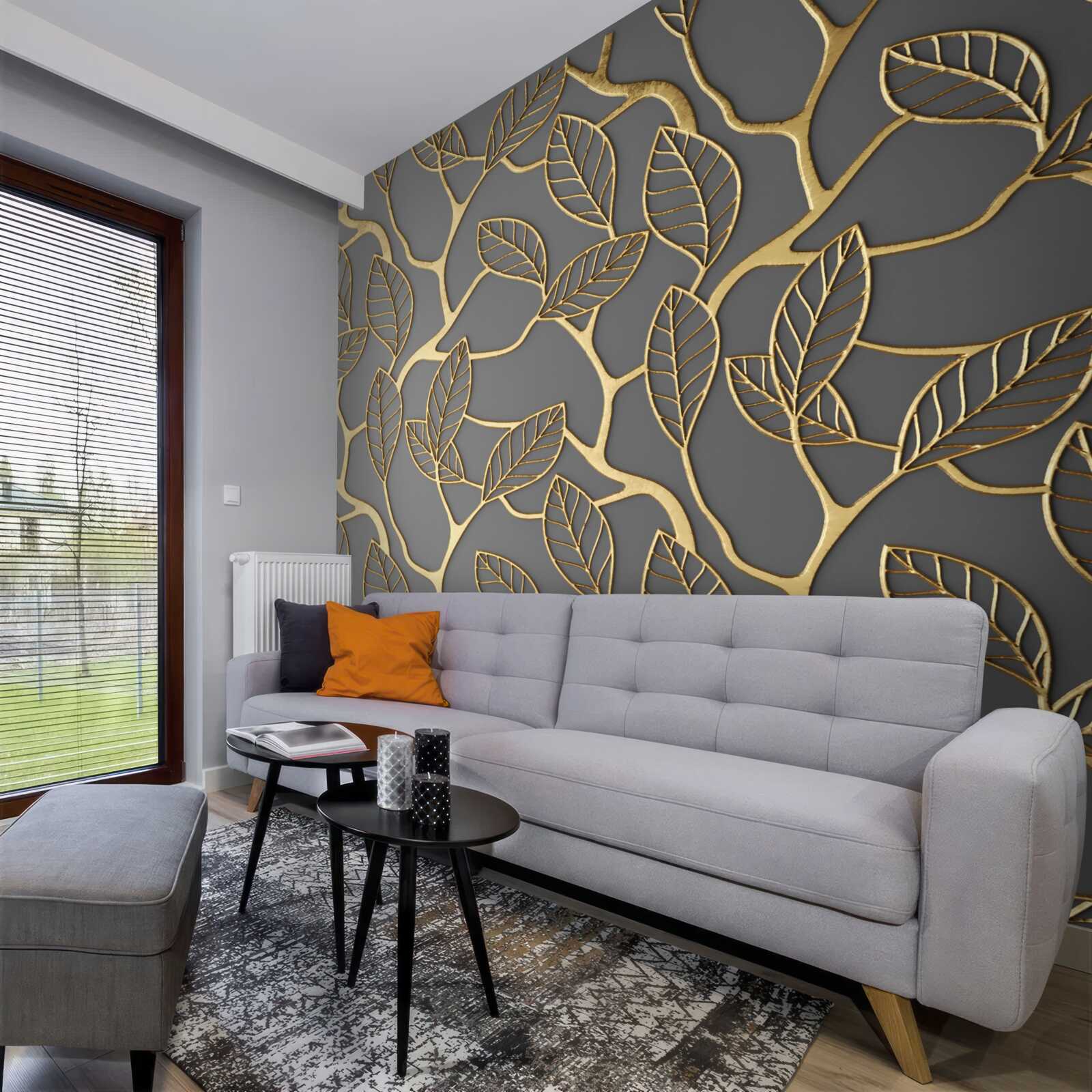 Fototapet ramuri și frunze cu o nuanță aurie