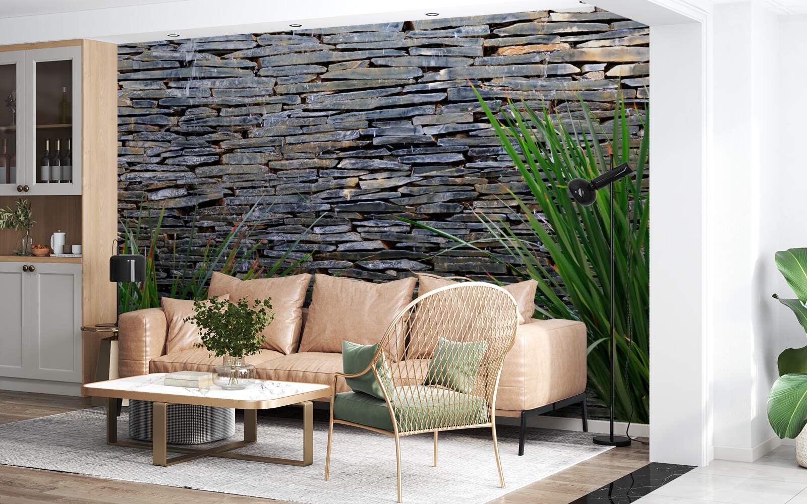 Fototapet vegetație verde și zid de piatră