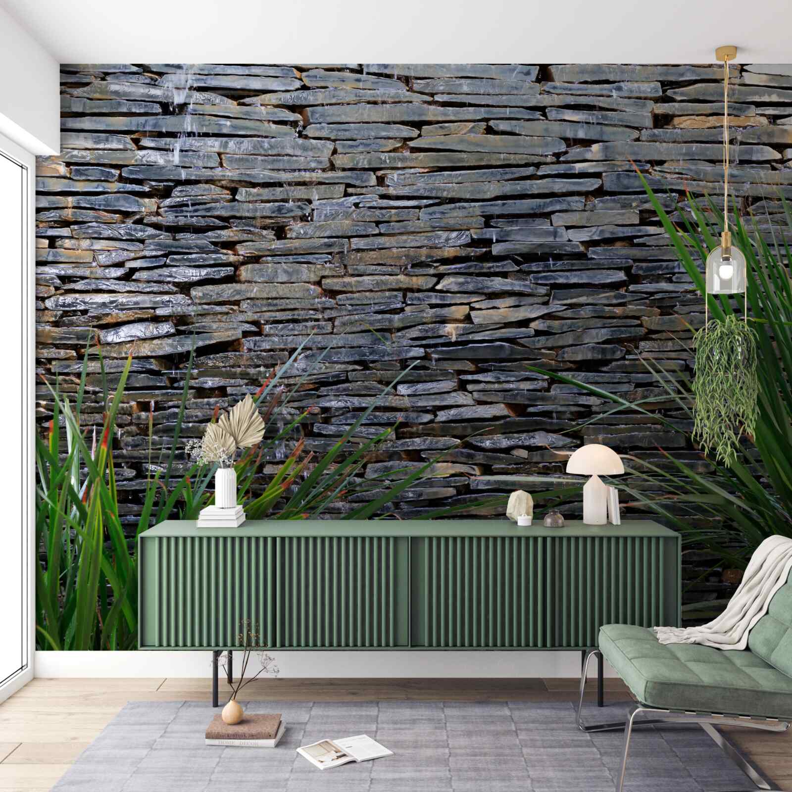 Fototapet vegetație verde și zid de piatră