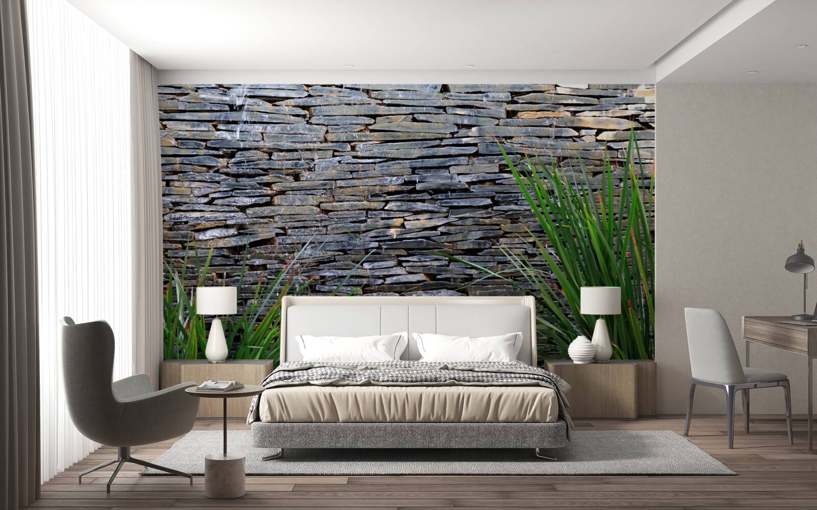 Fototapet vegetație verde și zid de piatră