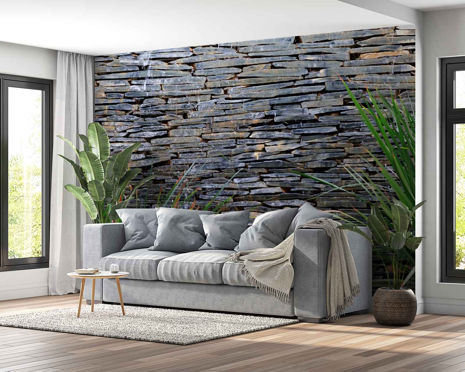 Fototapet vegetație verde și zid de piatră