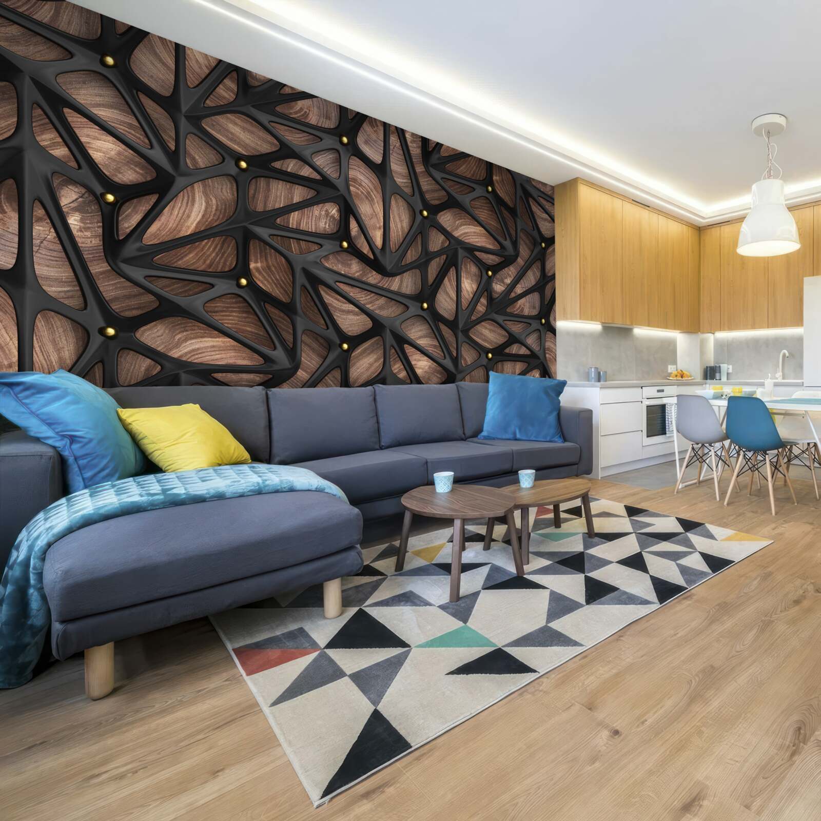 Fototapet fundalul din lemn este decorat cu un model negru