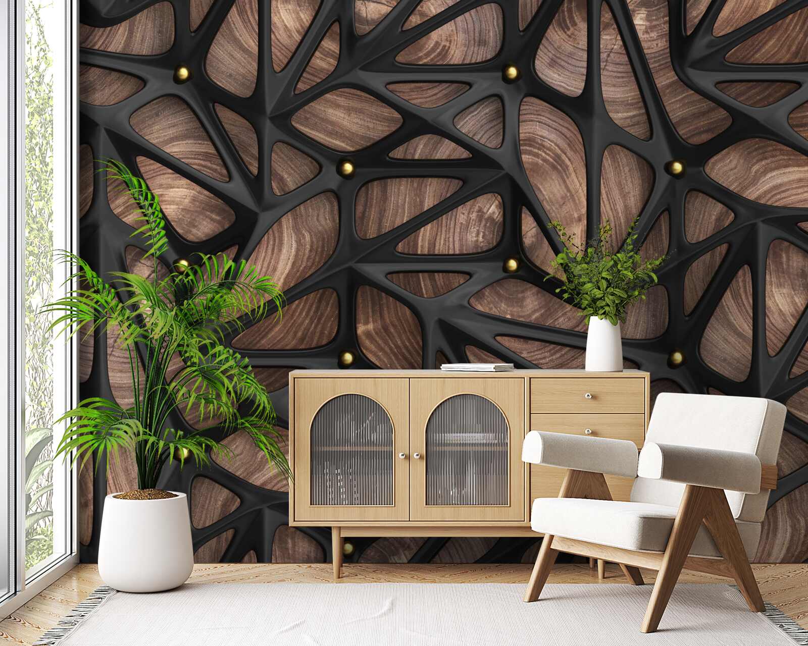 Fototapet fundalul din lemn este decorat cu un model negru