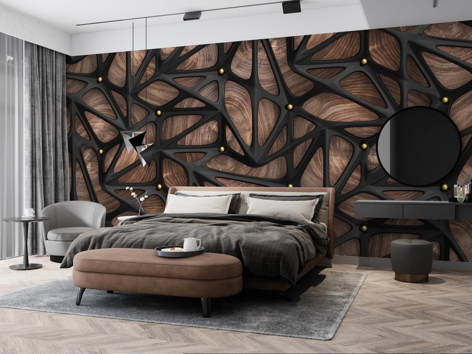 Fototapet fundalul din lemn este decorat cu un model negru