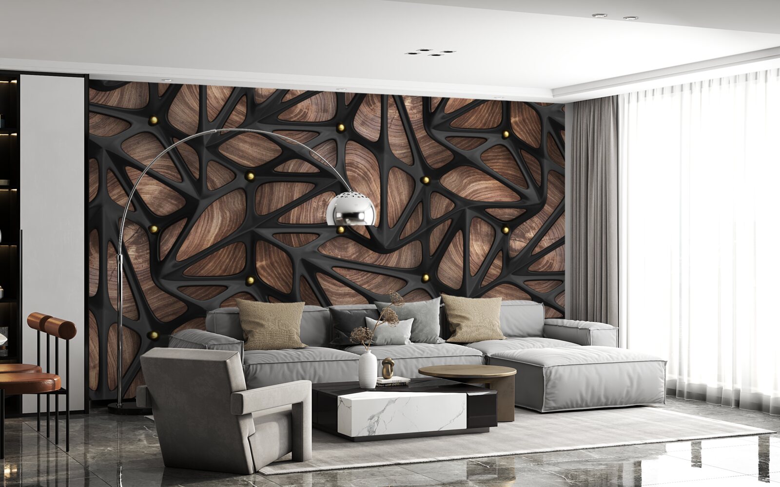 Fototapet fundalul din lemn este decorat cu un model negru