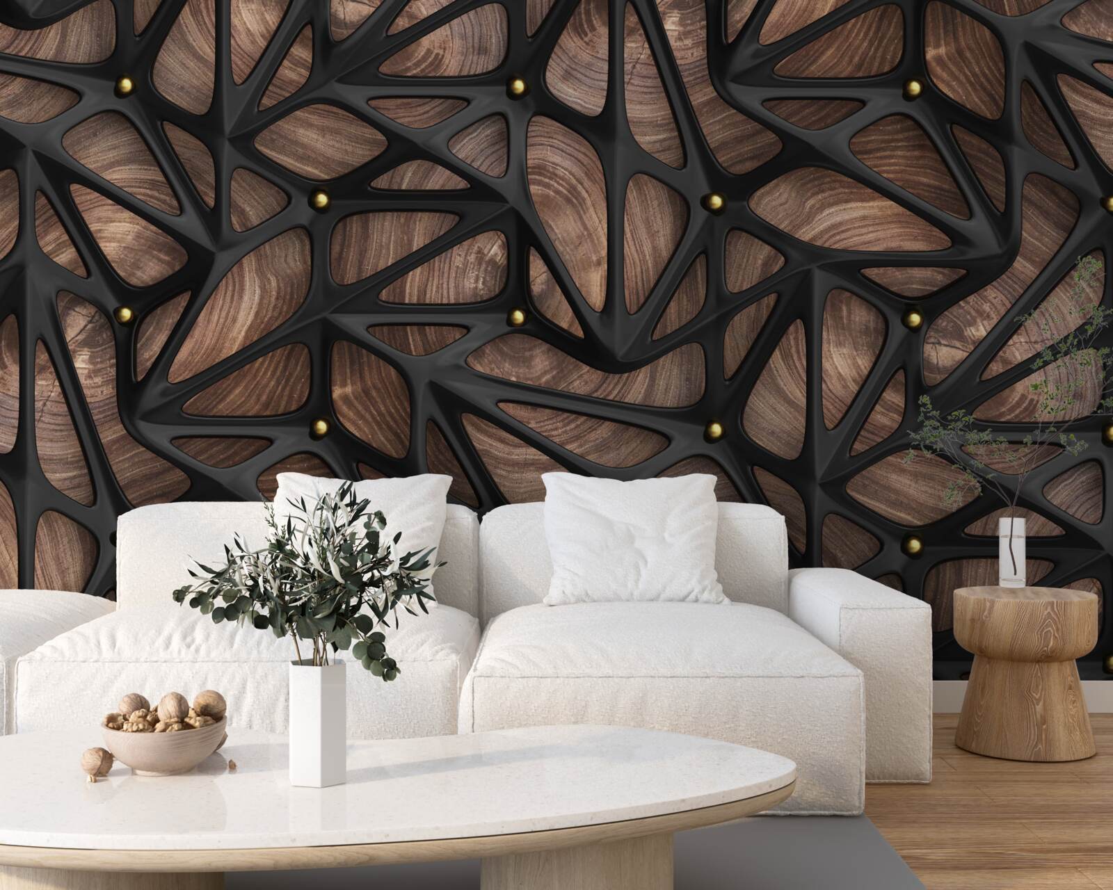 Fototapet fundalul din lemn este decorat cu un model negru