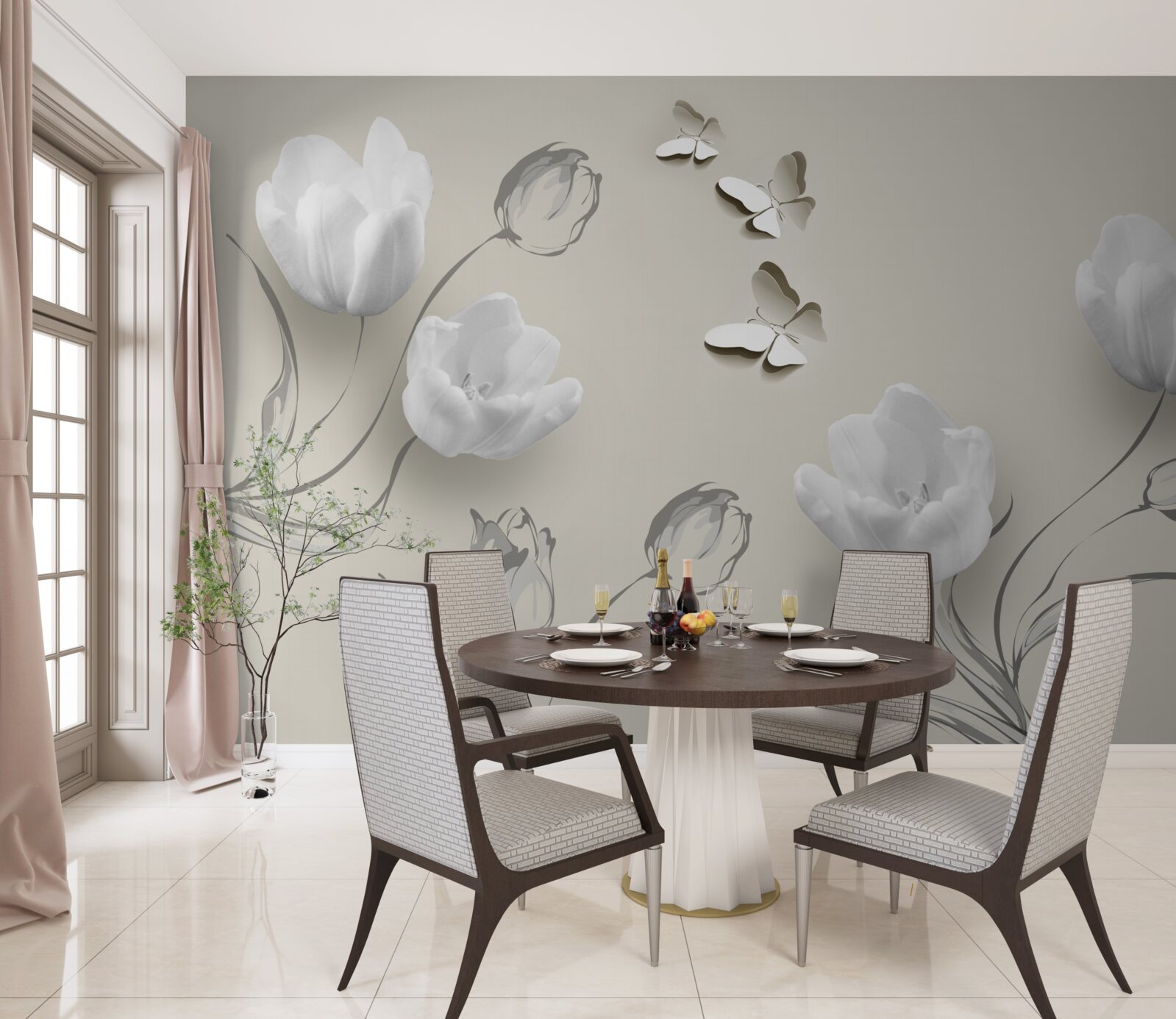 Fototapet lalele argintii pure și fluturi în apropiere